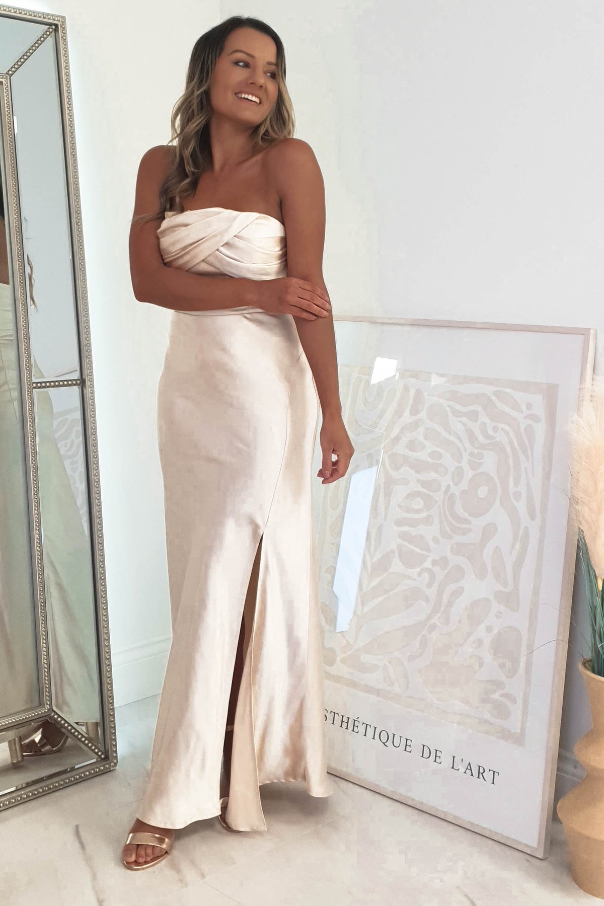 Everly Strapless Satin Midi Dress | Champange-Oh Hello Clothing