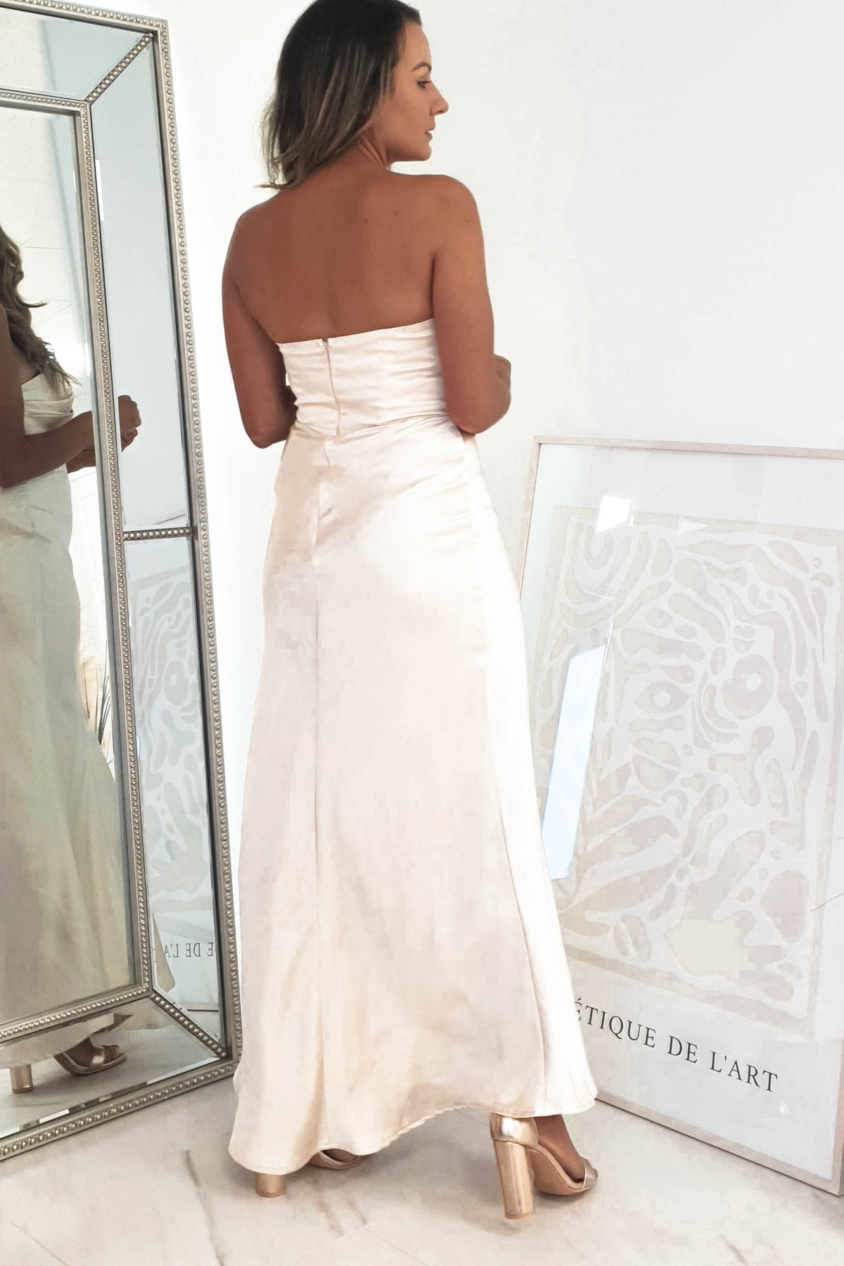Everly Strapless Satin Midi Dress | Champange-Oh Hello Clothing