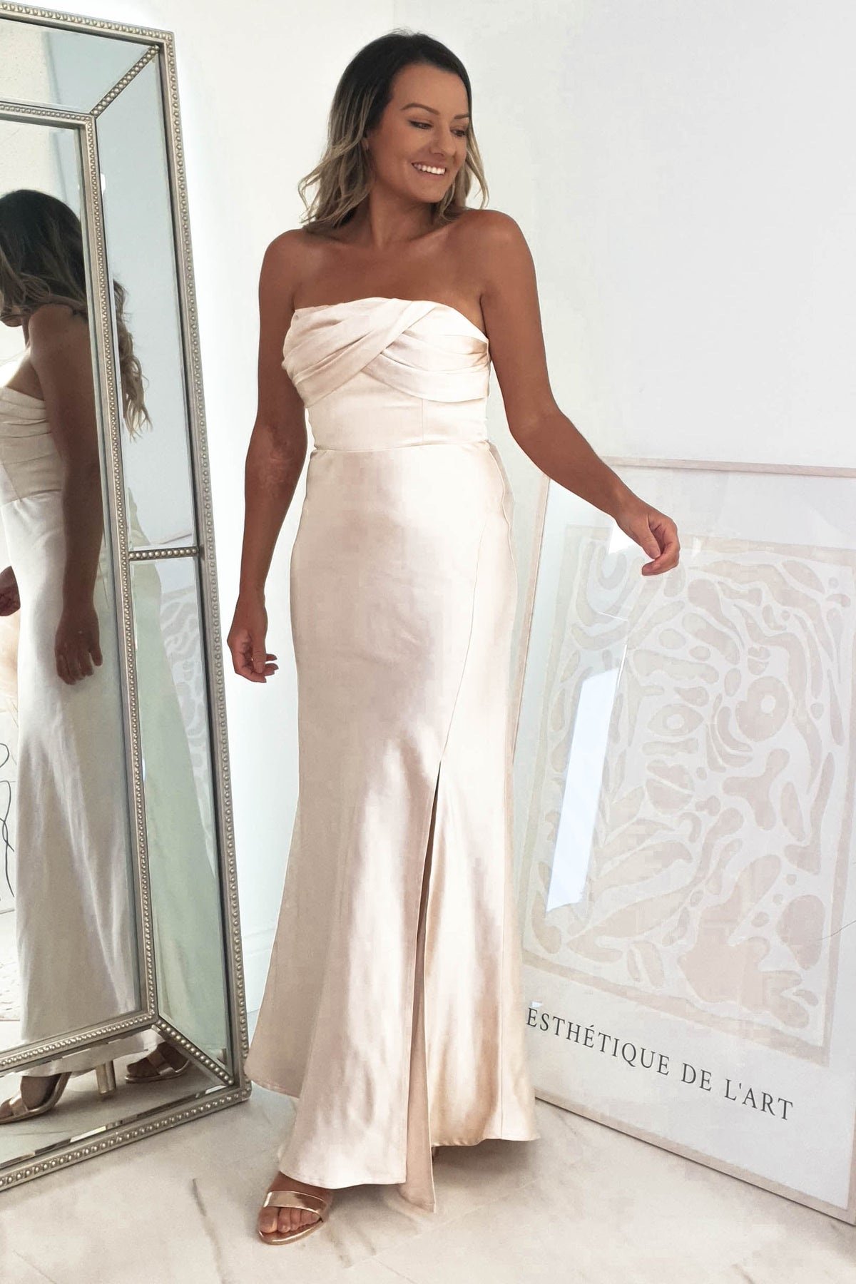 Everly Strapless Satin Midi Dress | Champange-Oh Hello Clothing