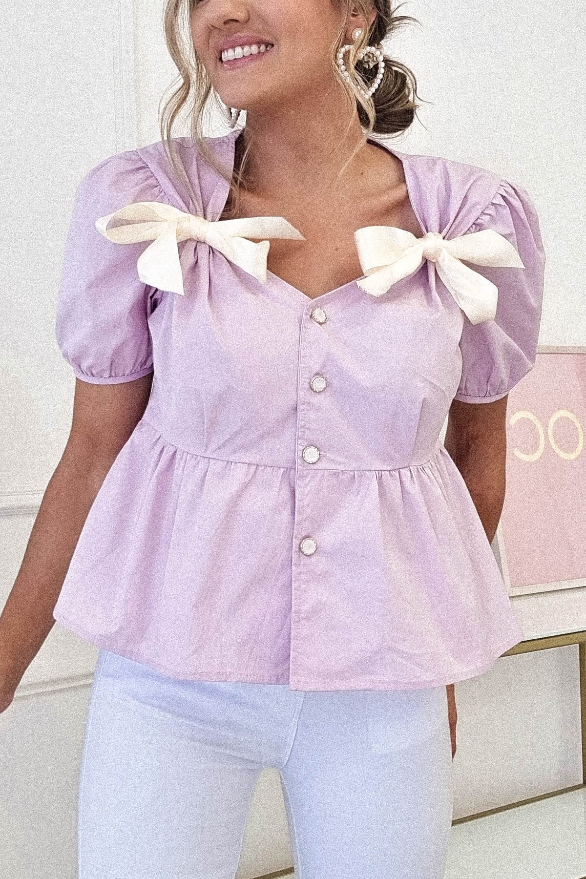 Minnie Bow Detail Blouse | Lilac-Oh Hello Clothing