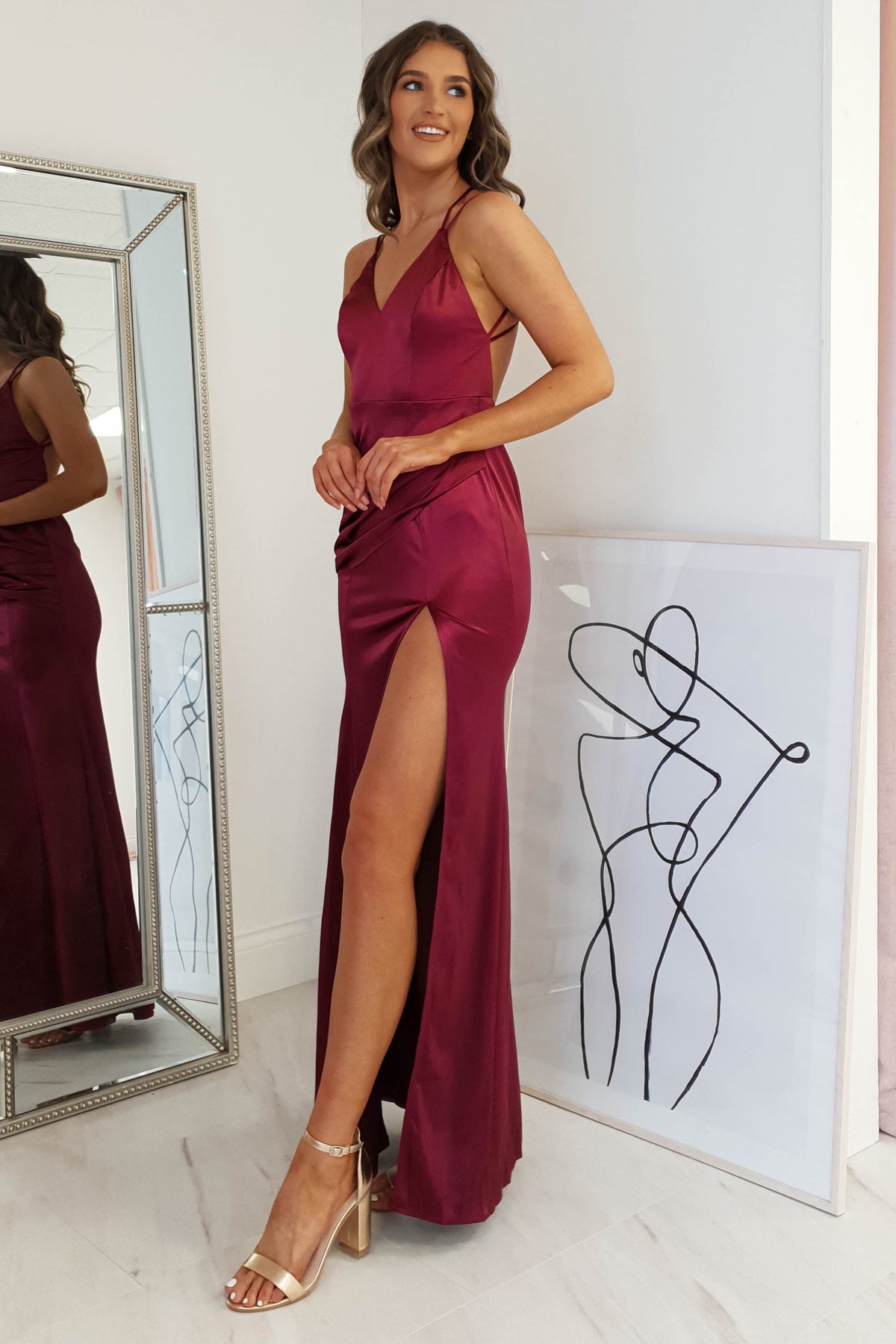 Simone Satin Gown | Burgundy-Oh Hello Clothing