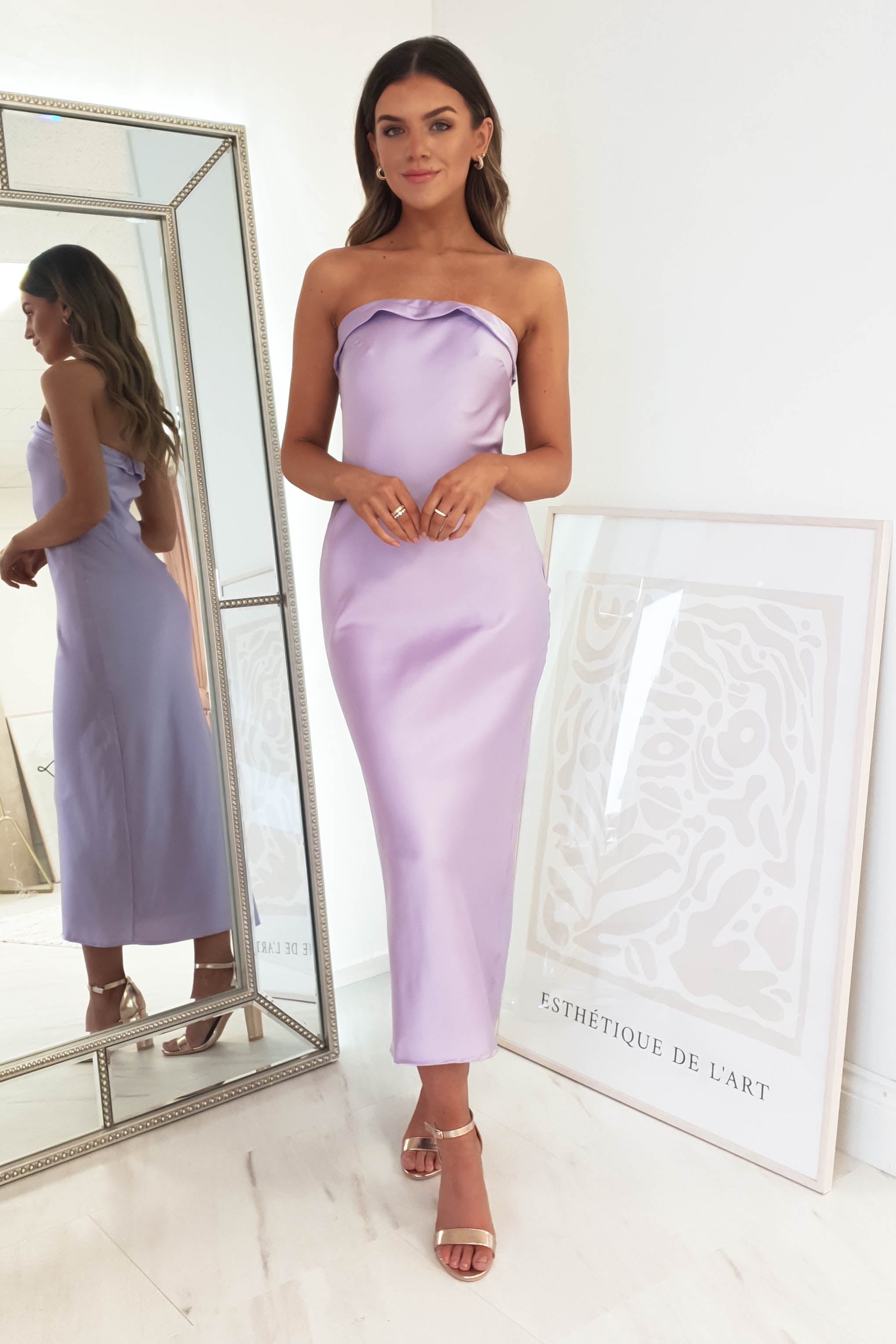 Allegra Lilac Strapless Satin Midi Dress | Oh Hello Clothing | Oh Hello Clothing