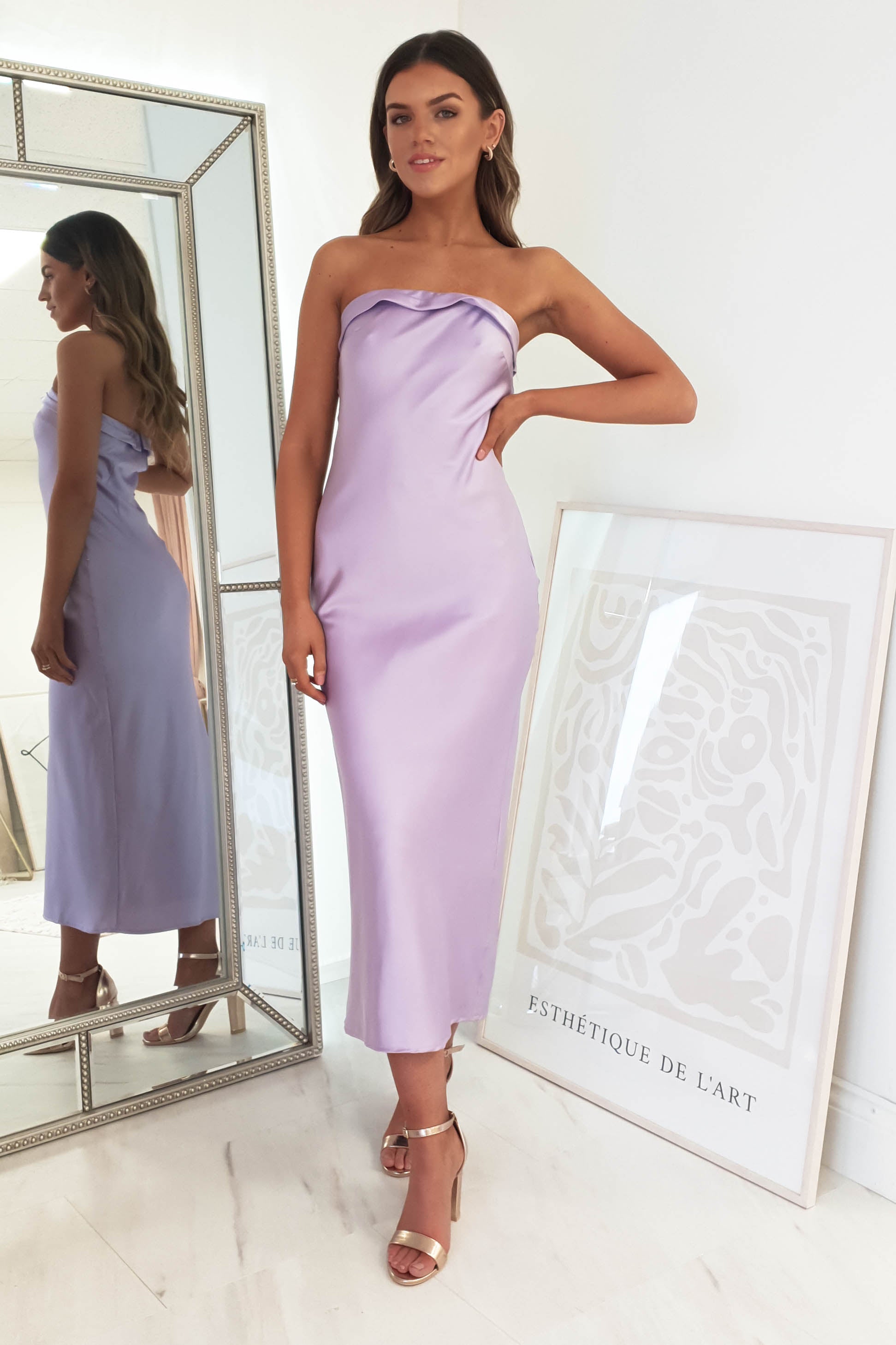 Allegra Lilac Strapless Satin Midi Dress | Oh Hello Clothing | Oh Hello Clothing