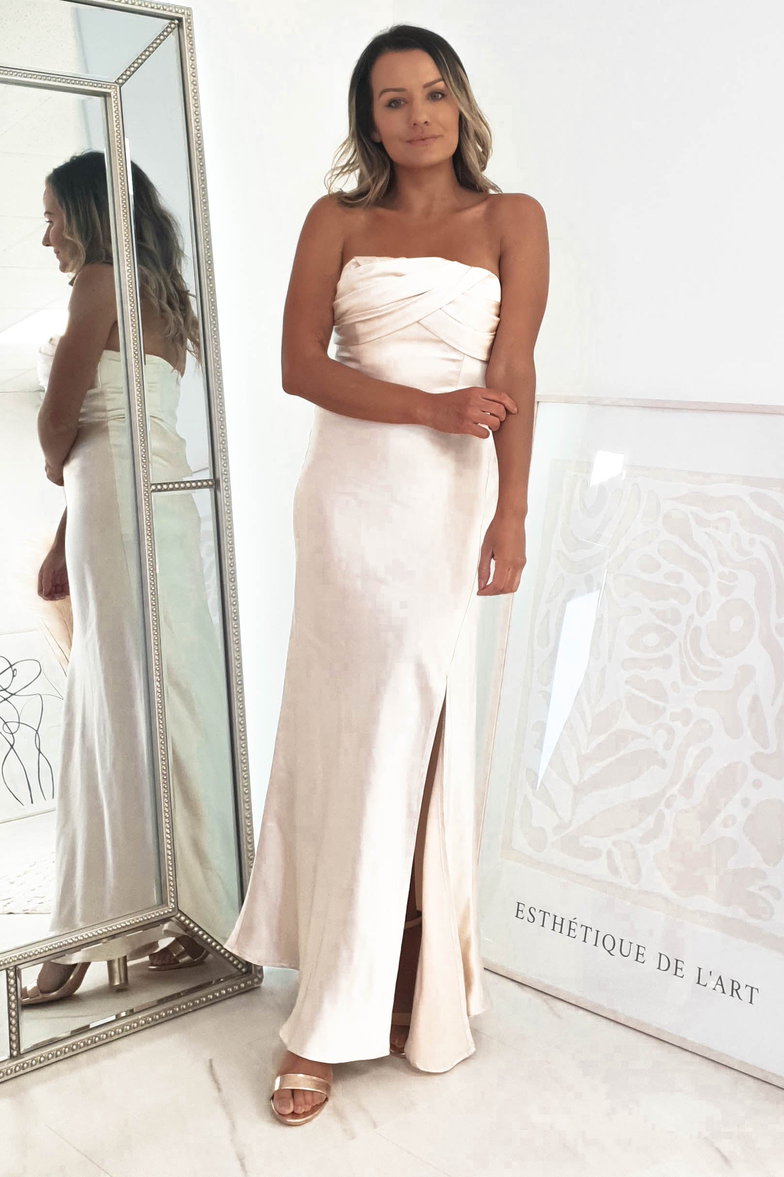 Everly Strapless Satin Midi Dress | Champange | Graduation | Bride To Be Hen Dress | Oh Hello Clothing