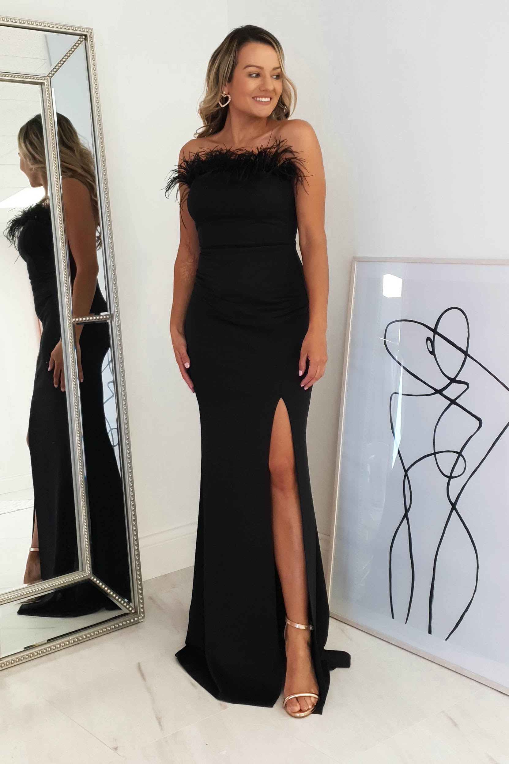 Nalani Feather Detail Gown | Black | Debs & Prom | Formal Gown | Oh Hello Clothing