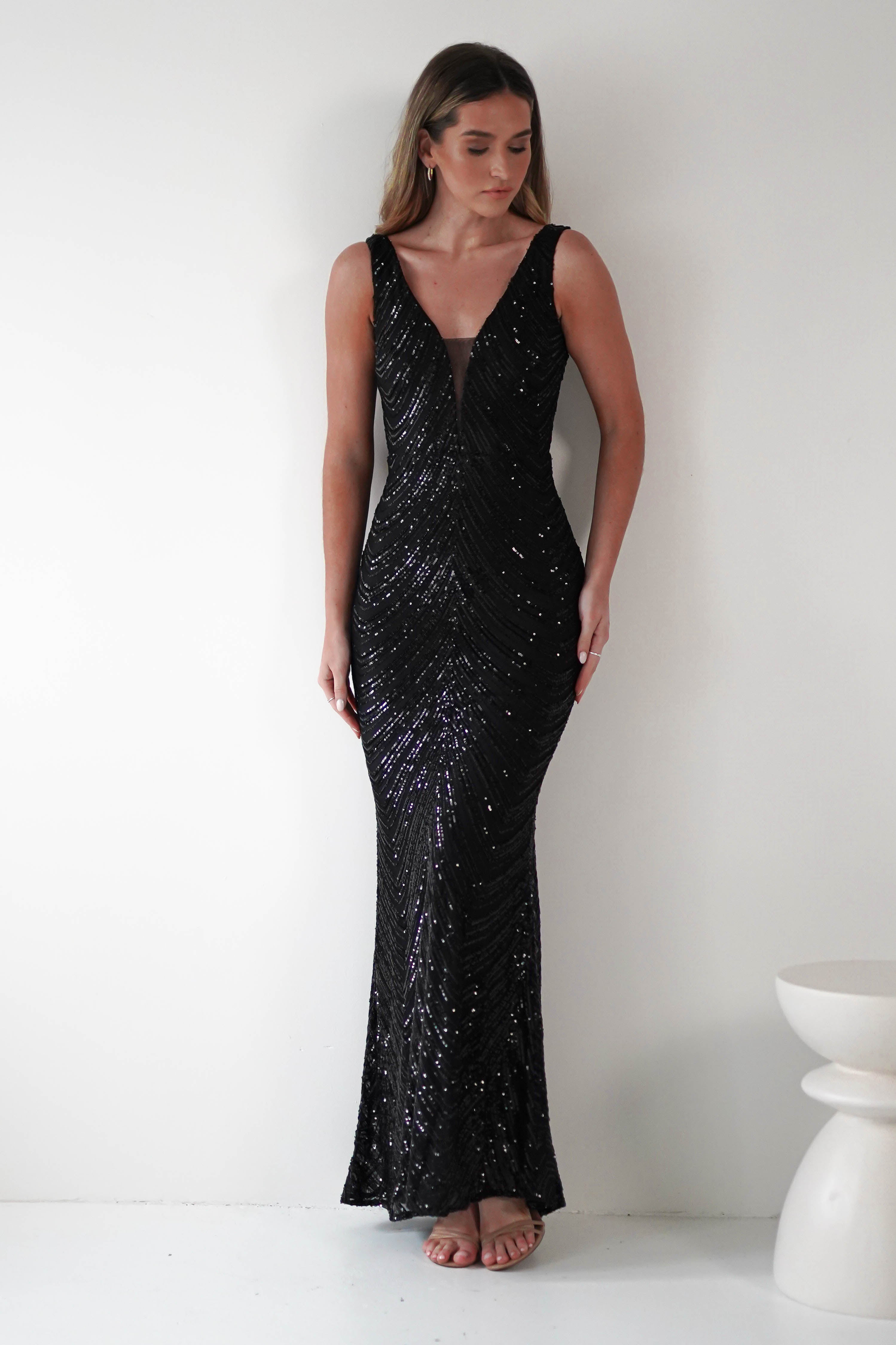 Julietta Sequin Bodycon Maxi Dress Black | Black Tie Evening Dress | Bodycon | Maxi | Oh Hello Clothing