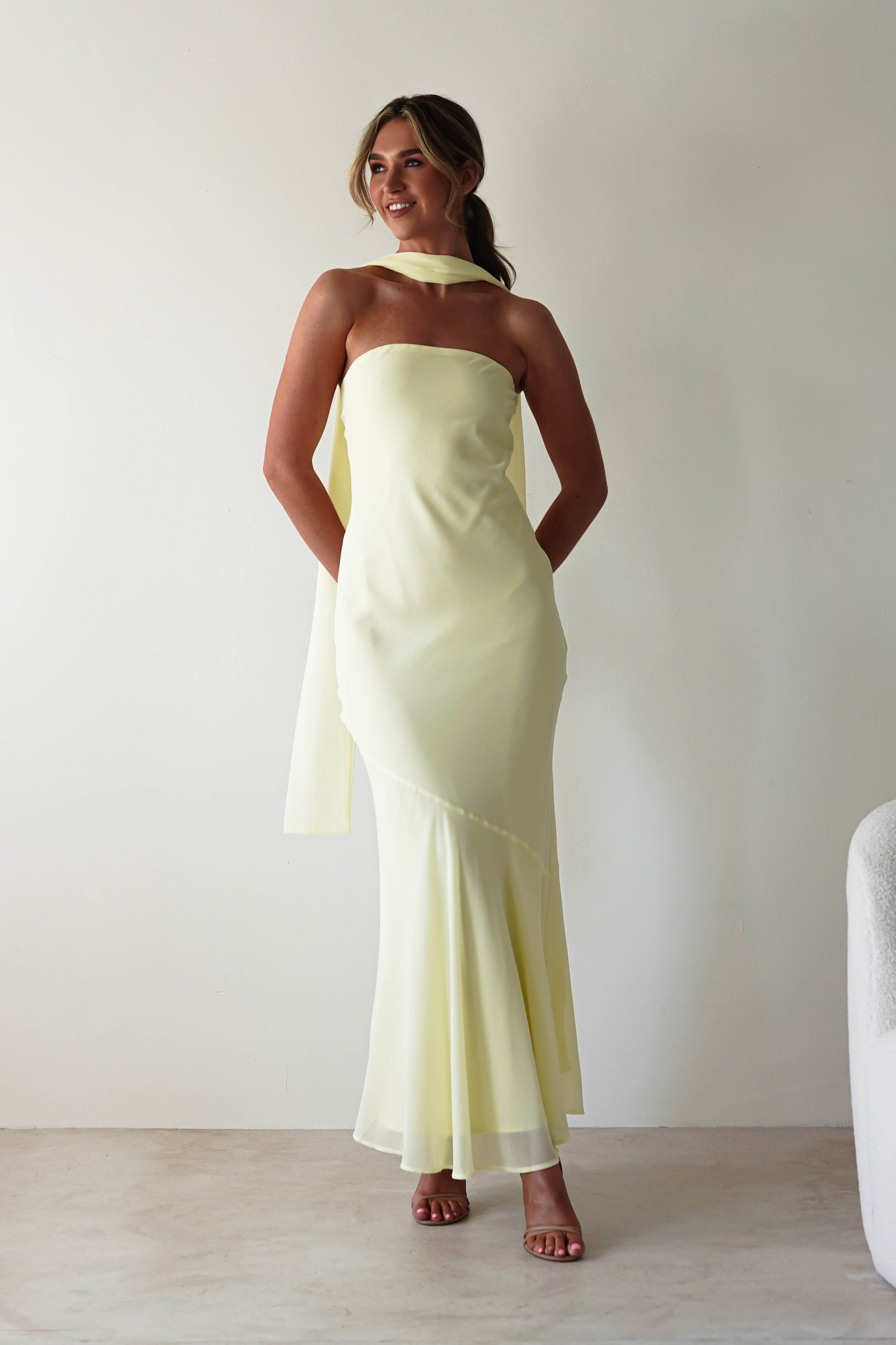 Carli Strapless Chiffon Maxi Dress Yellow | Wedding Guest Dress | Maxi | Chiffon | Oh Hello Clothing