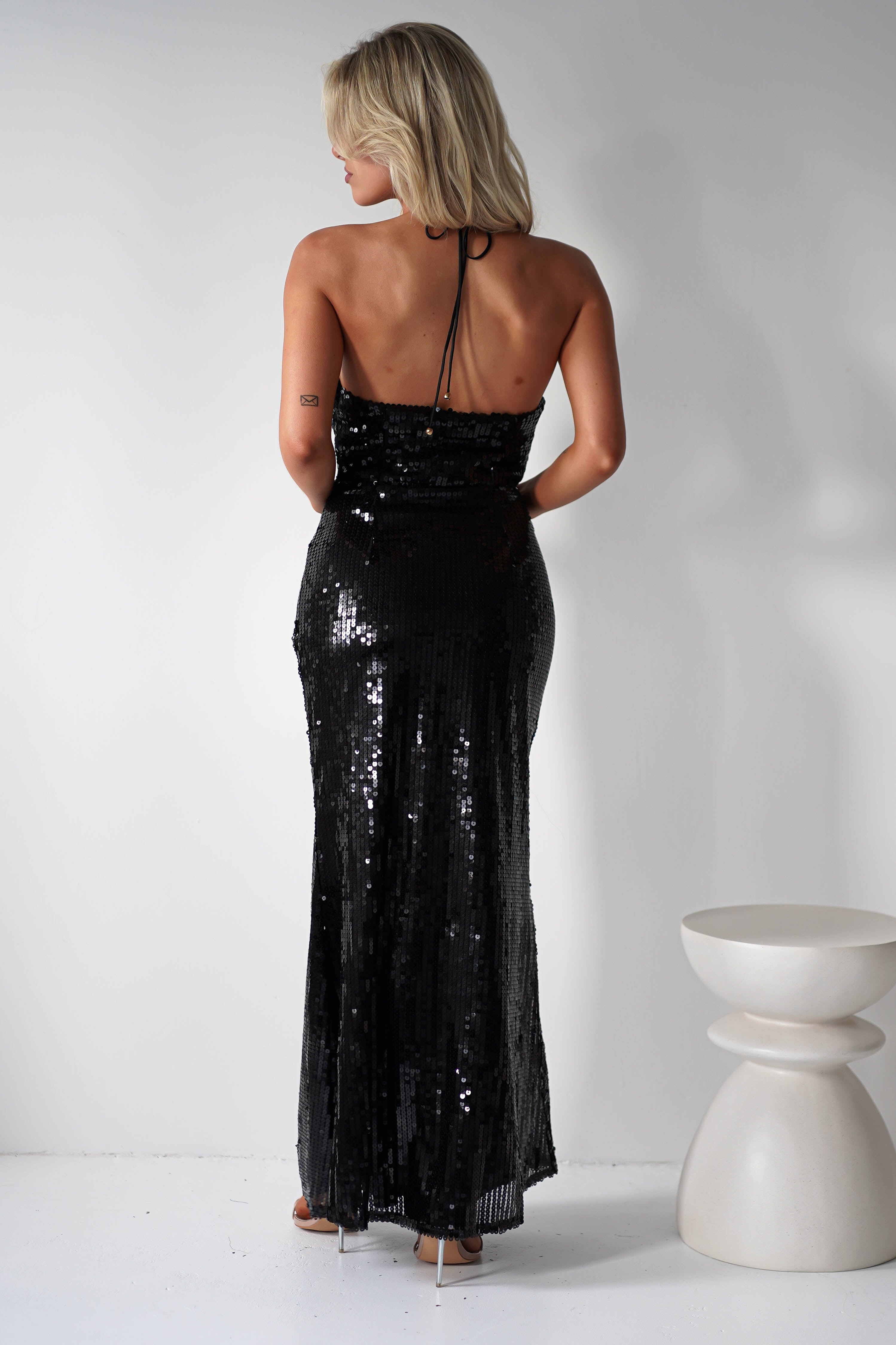 Jonna Halter Neck Sequin Maxi Dress Black | Black Tie Evening Dress | Halter Neck | Maxi | Oh Hello Clothing