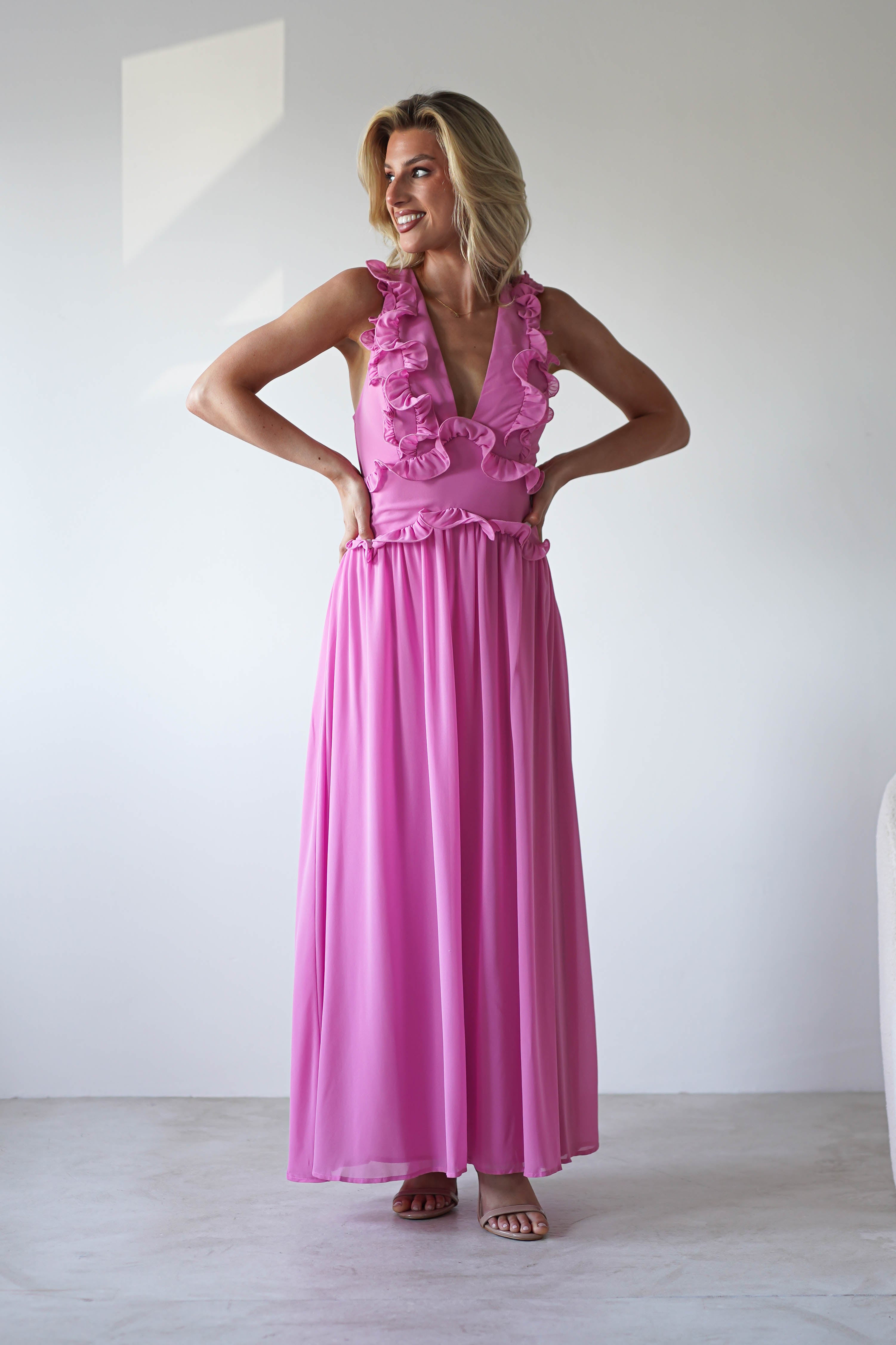 Ellie Ruffle Detail Maxi Dress Pink | Wedding Guest Dress | Maxi | Oh Hello Clothing