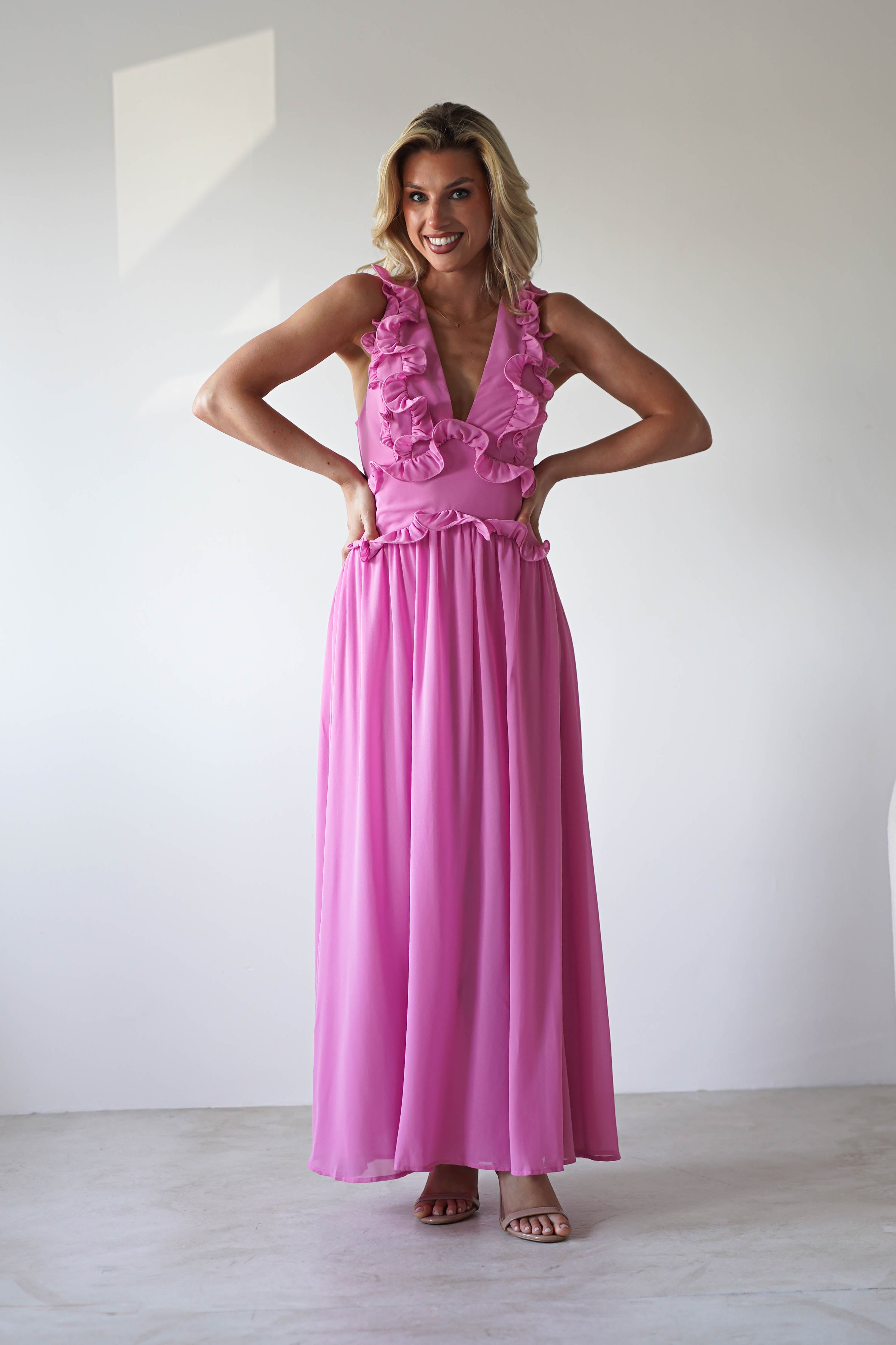 Ellie Ruffle Detail Maxi Dress Pink | Wedding Guest Dress | Maxi | Oh Hello Clothing