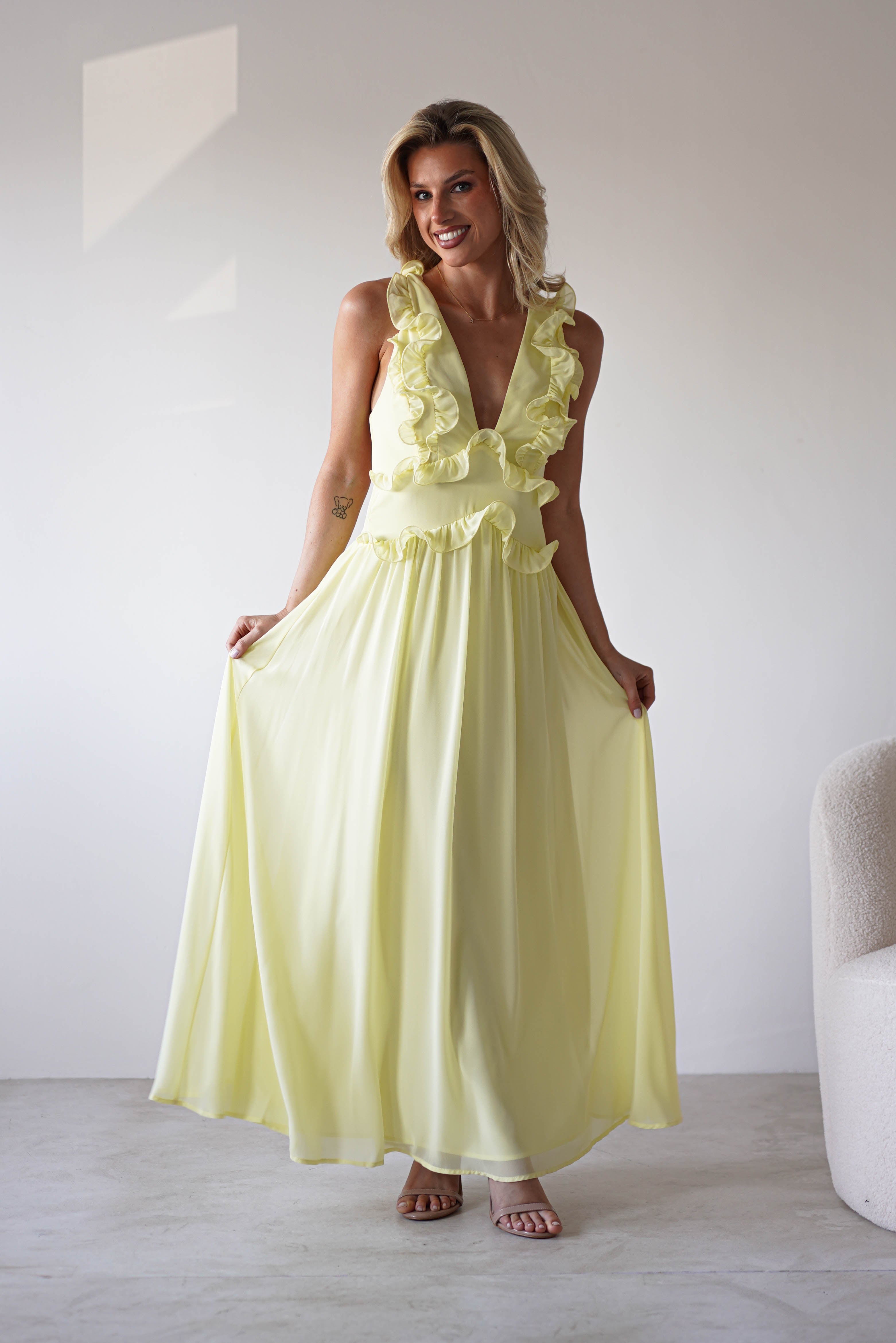 Ellie Ruffle Detail Maxi Dress Yellow | Wedding Guest Dress | Maxi | Oh Hello Clothing