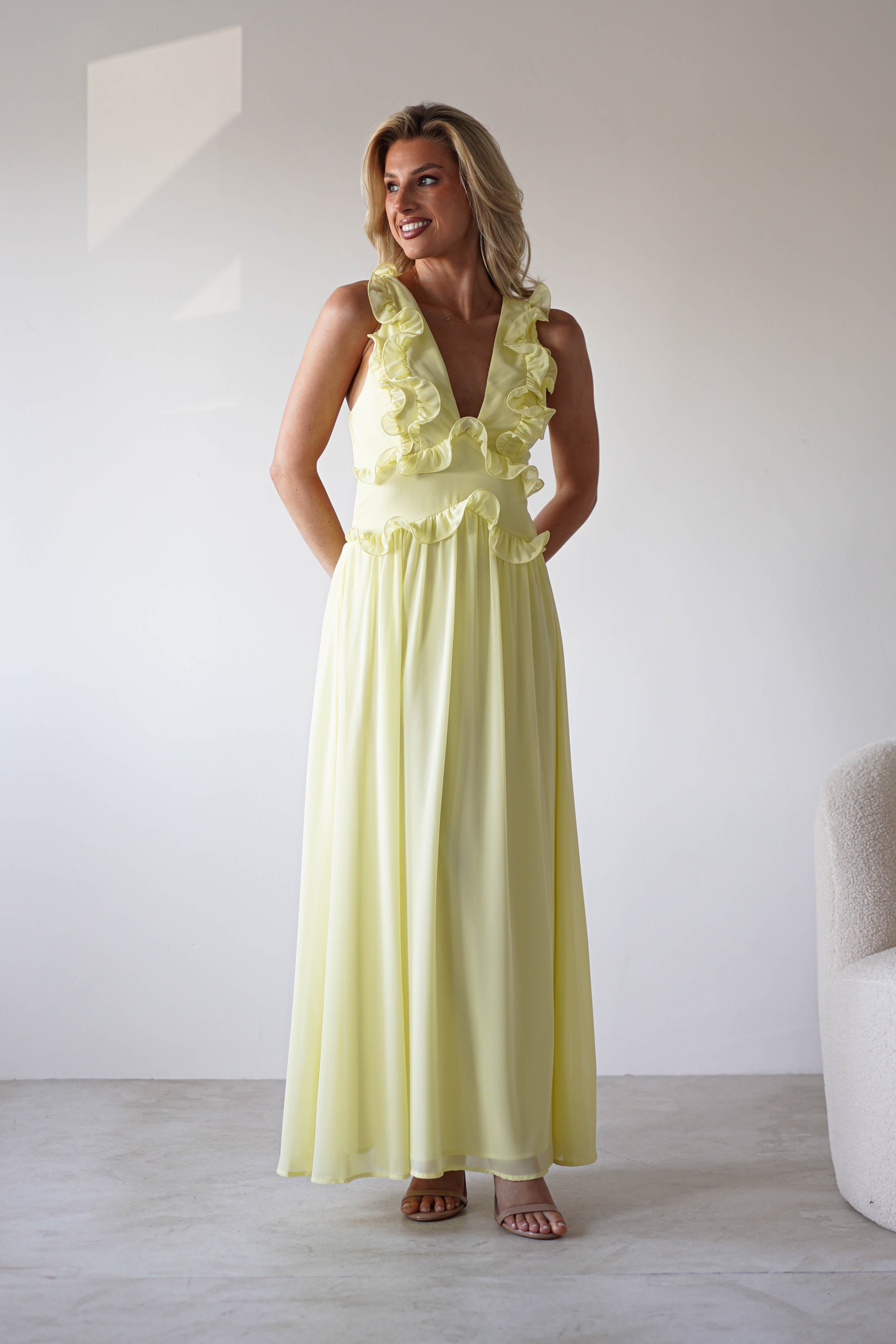 Ellie Ruffle Detail Maxi Dress Yellow | Wedding Guest Dress | Maxi | Oh Hello Clothing