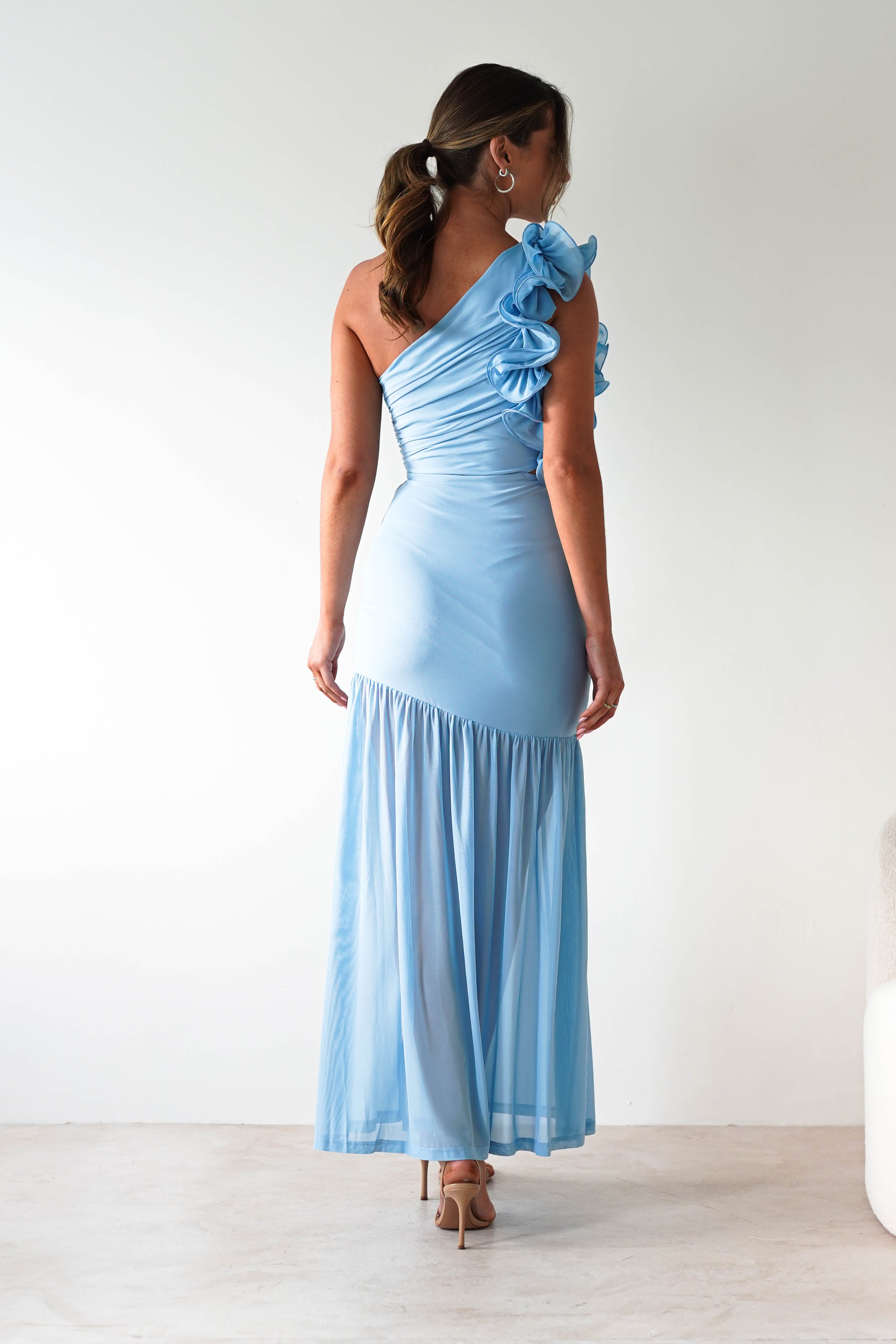 Stephanie Mesh Ruffle Maxi Dress Blue | Wedding Guest Dress | Maxi | Mesh | Oh Hello Clothing