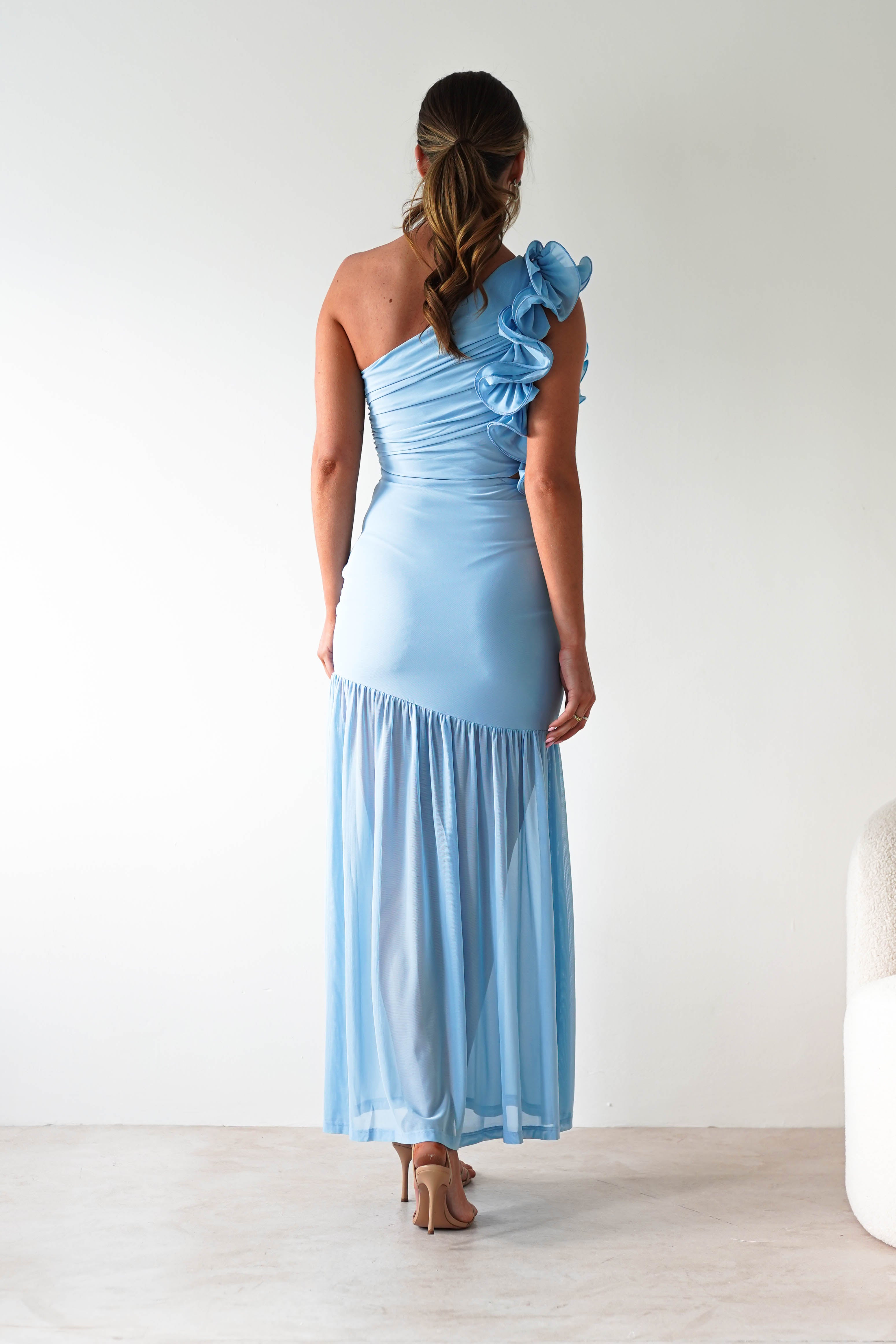 Stephanie Mesh Ruffle Maxi Dress Blue | Wedding Guest Dress | Maxi | Mesh | Oh Hello Clothing
