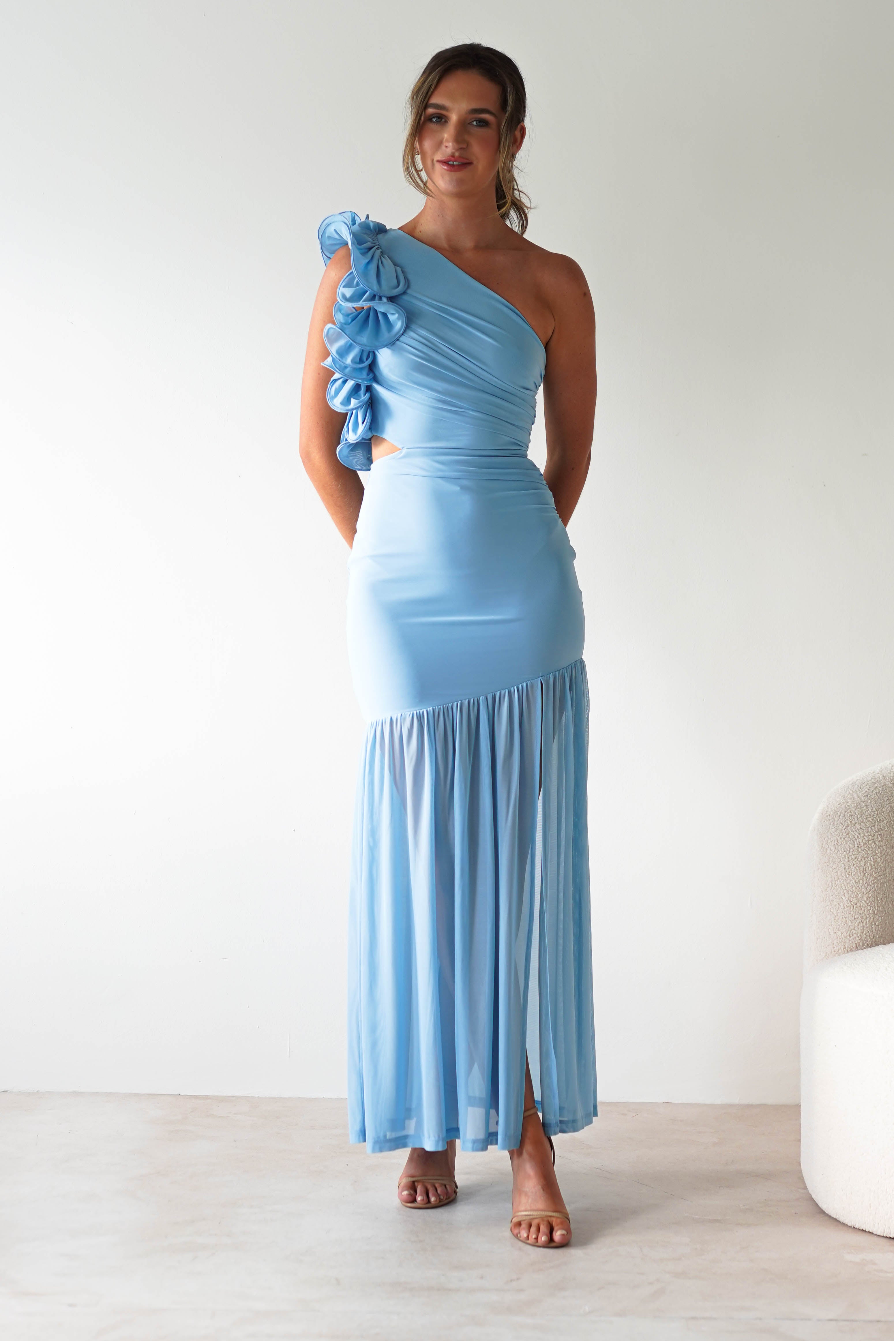 Stephanie Mesh Ruffle Maxi Dress Blue | Wedding Guest Dress | Maxi | Mesh | Oh Hello Clothing
