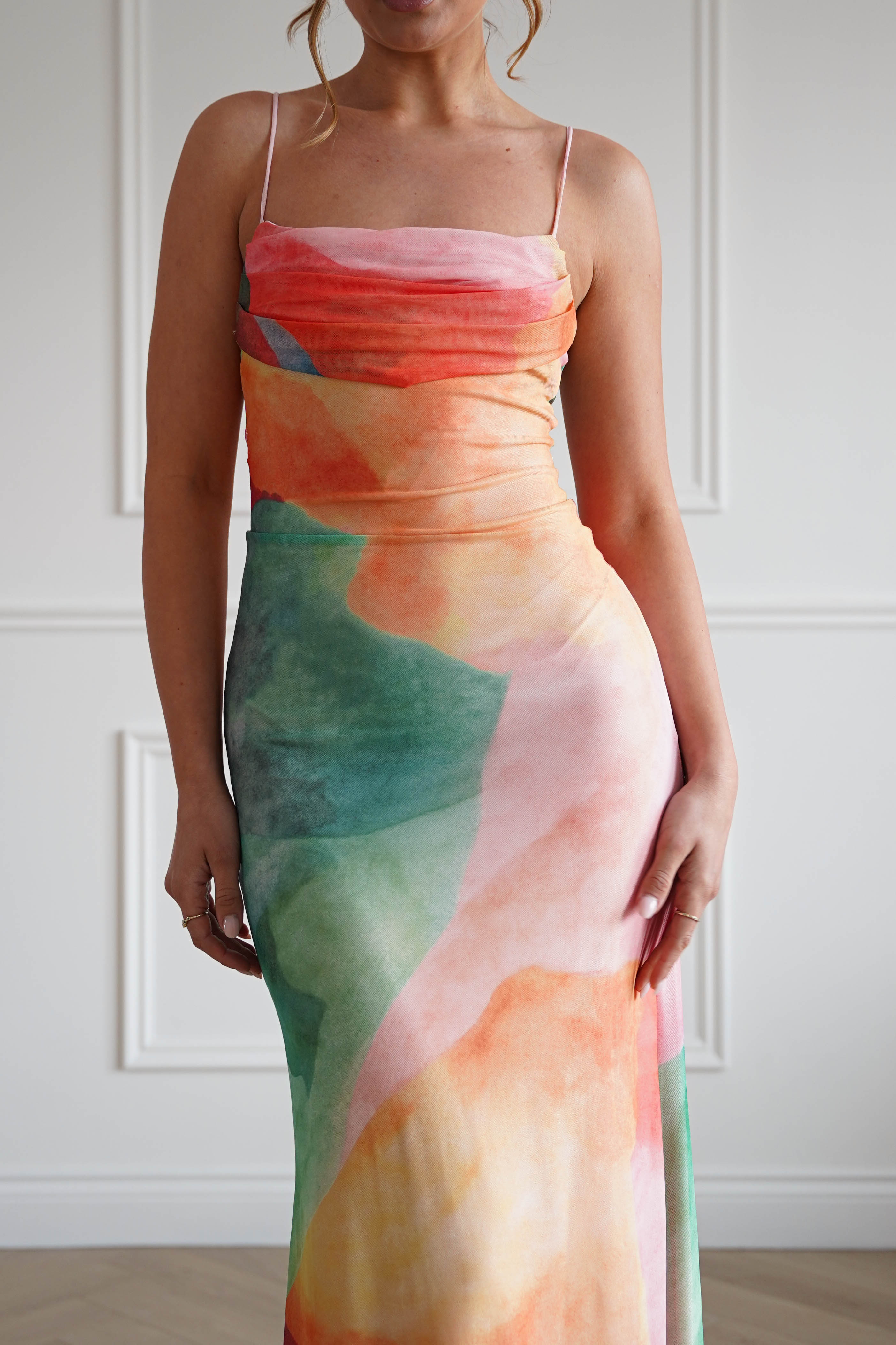 Oh Hello Clothing Dresses > Prom Dresses 1*DONE-64531D07-INDIKAH-ORANGE (MULTI) colour Cowl Neck Maxi Dress