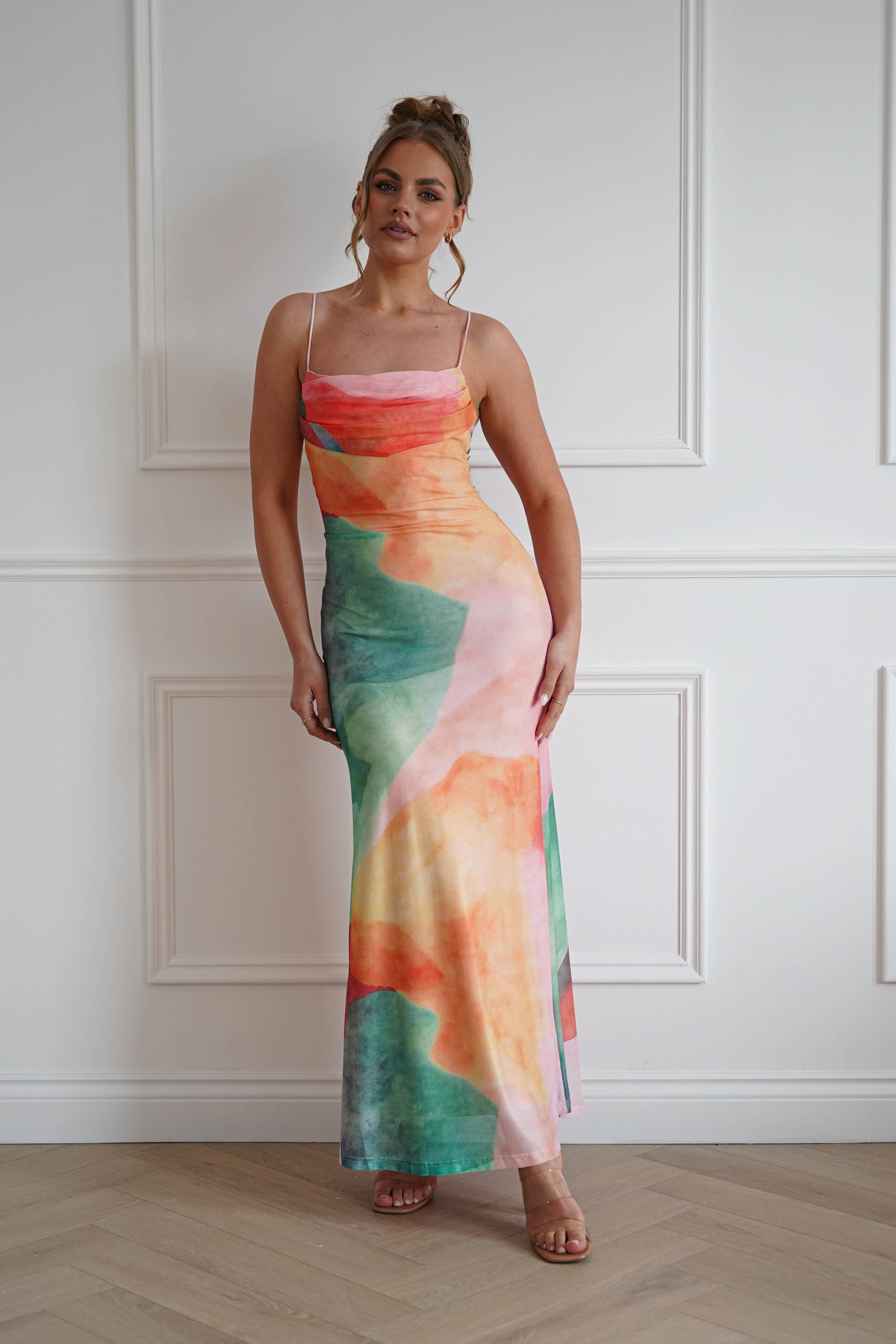 Oh Hello Clothing Dresses > Prom Dresses 1*DONE-64531D07-INDIKAH-ORANGE (MULTI) colour Cowl Neck Maxi Dress