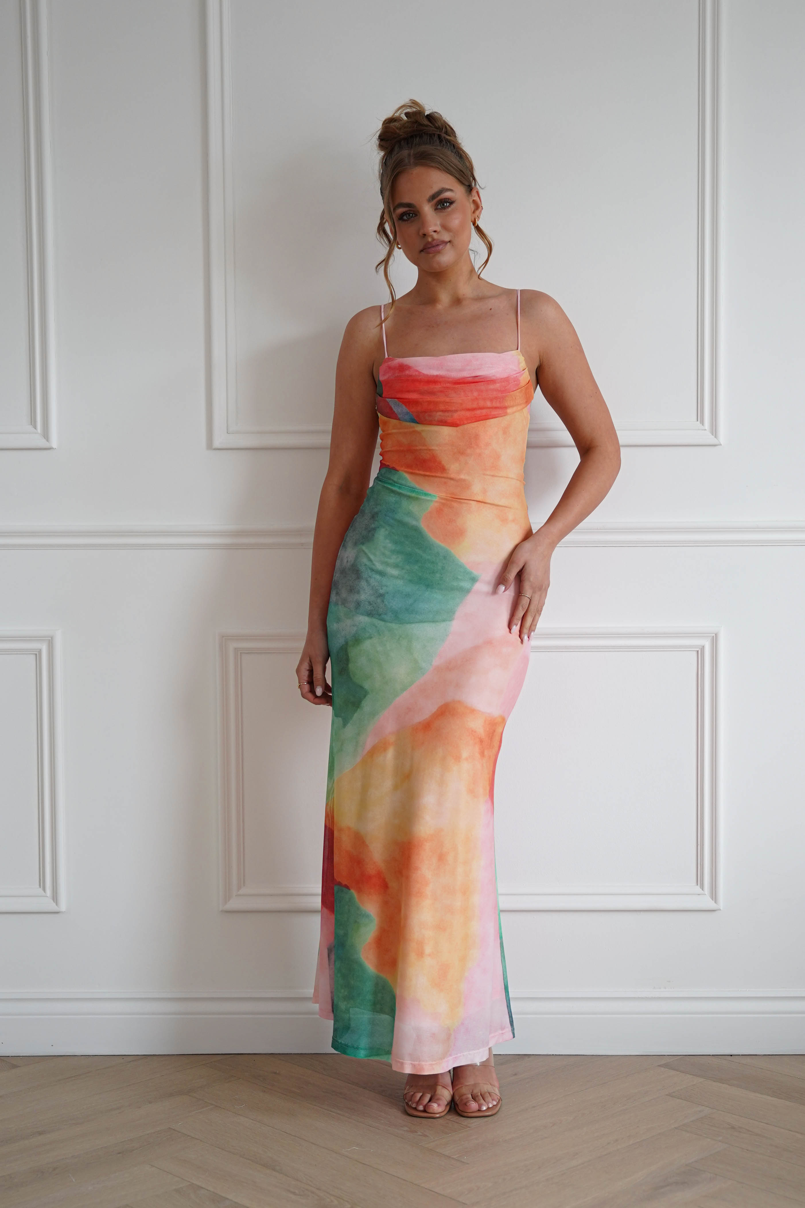 Oh Hello Clothing Dresses > Prom Dresses 1*DONE-64531D07-INDIKAH-ORANGE (MULTI) colour Cowl Neck Maxi Dress