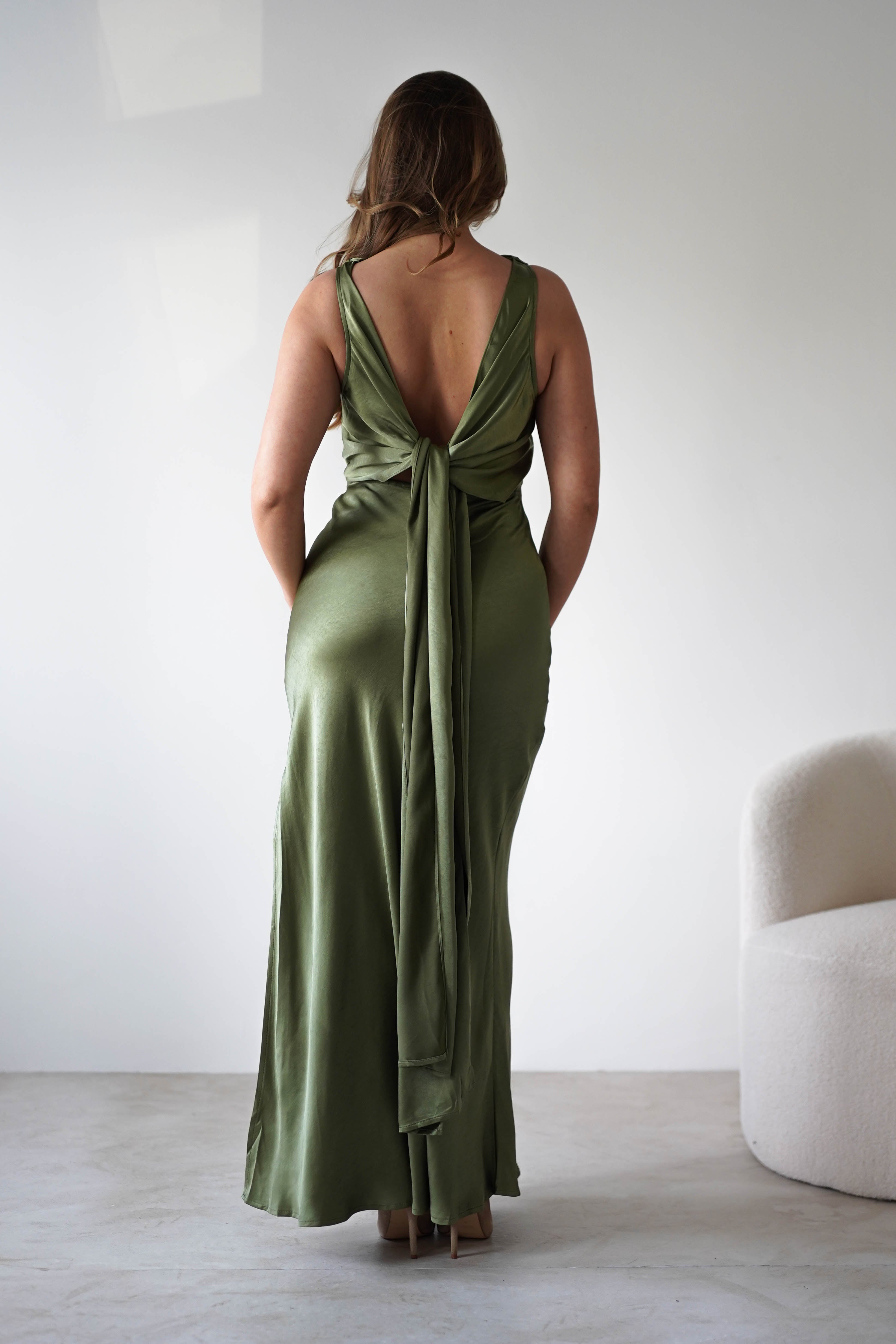 Darlee Tie Back Satin Maxi Dress Olive | Wedding Guest Dress | Maxi | Satin | Oh Hello Clothing