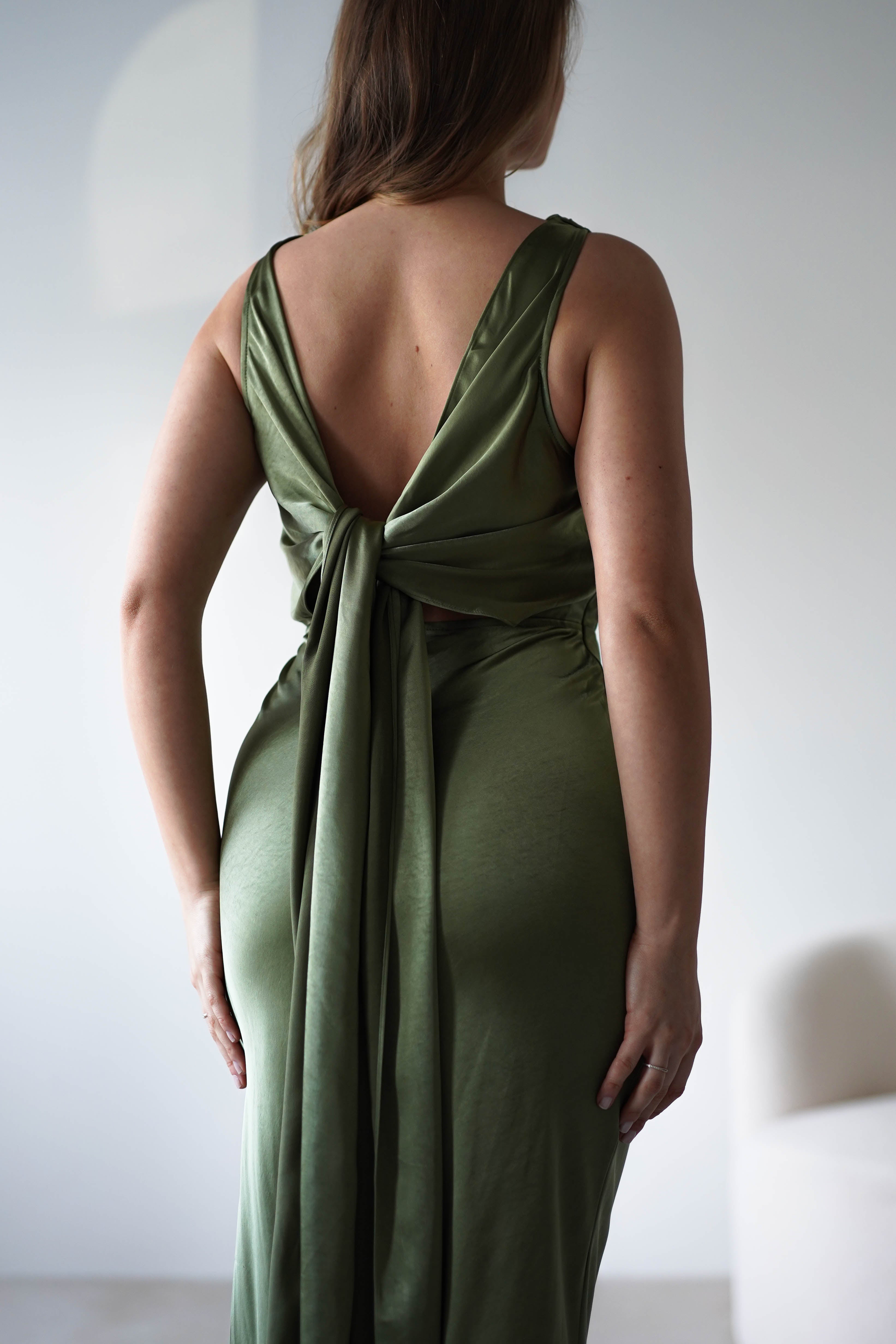 Darlee Tie Back Satin Maxi Dress Olive | Wedding Guest Dress | Maxi | Satin | Oh Hello Clothing