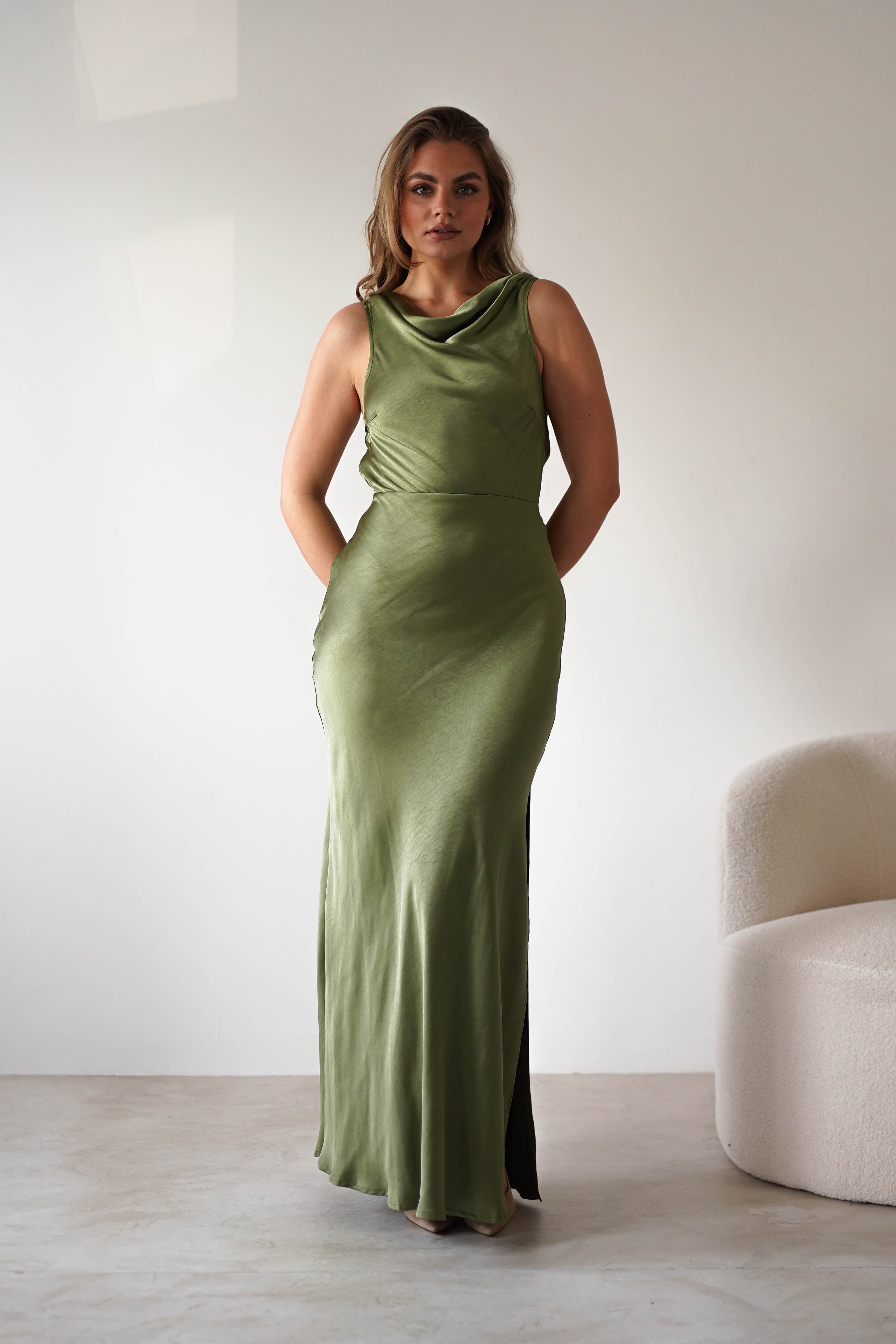 Darlee Tie Back Satin Maxi Dress Olive | Wedding Guest Dress | Maxi | Satin | Oh Hello Clothing