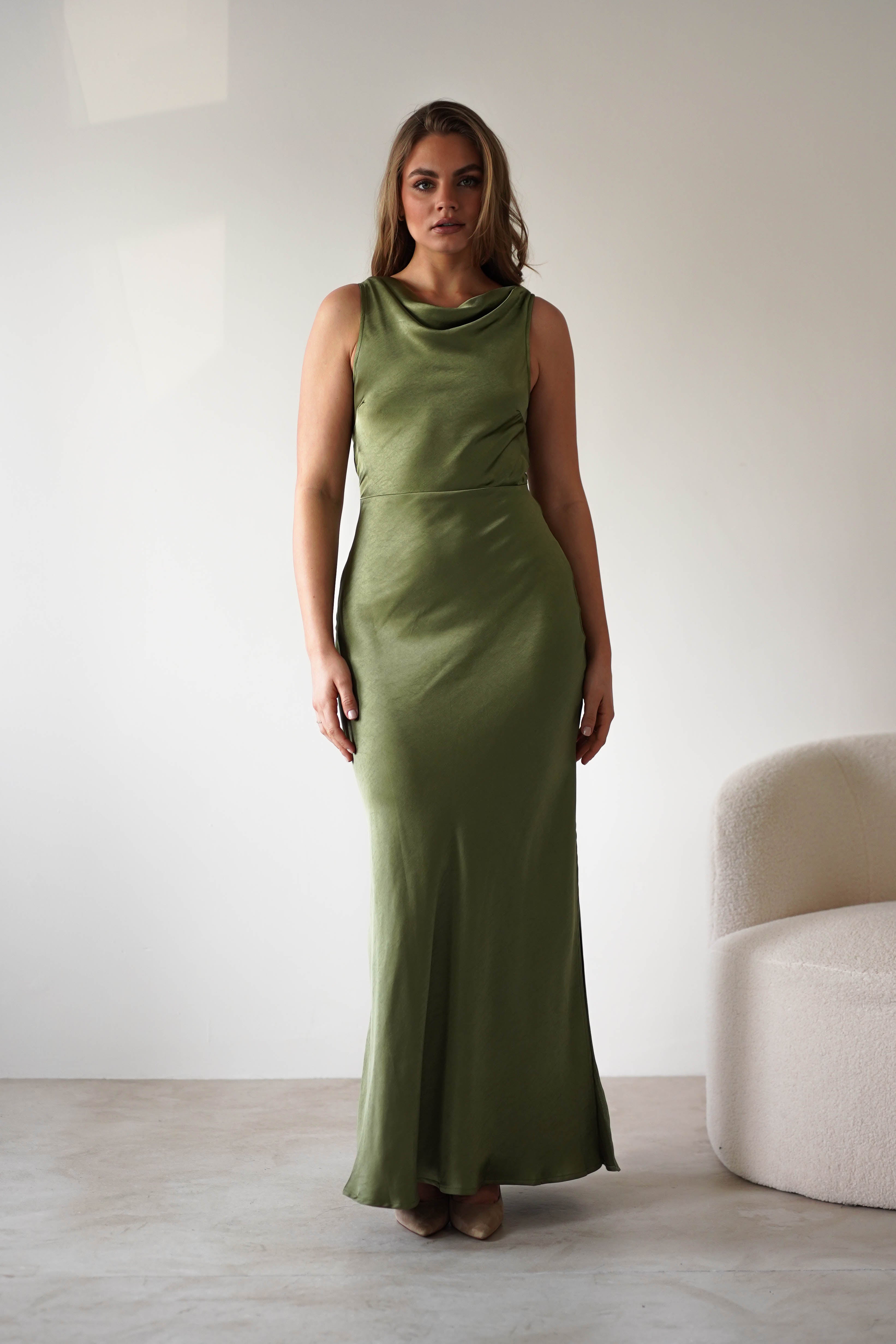 Darlee Tie Back Satin Maxi Dress Olive | Wedding Guest Dress | Maxi | Satin | Oh Hello Clothing