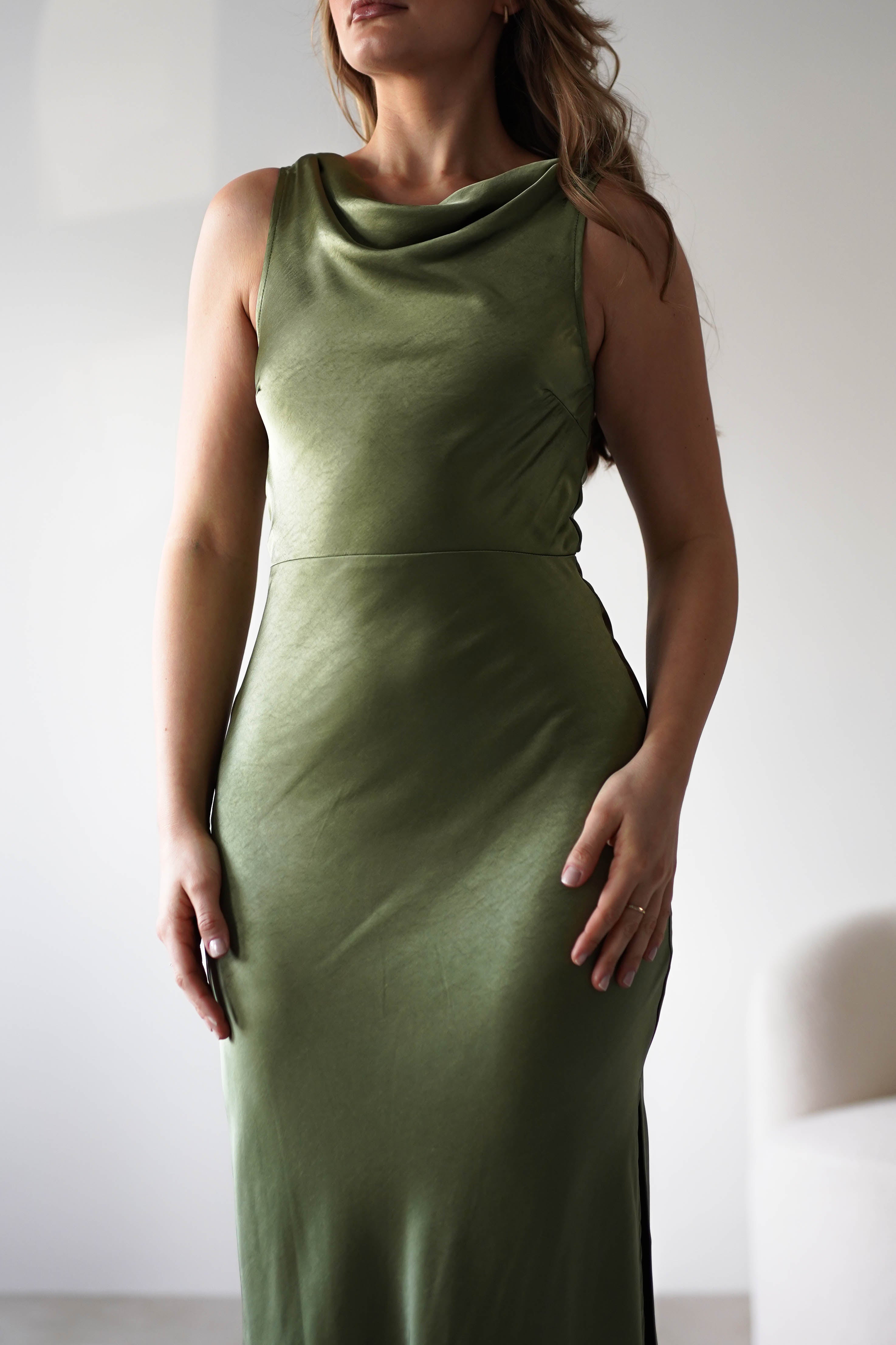 Darlee Tie Back Satin Maxi Dress Olive | Wedding Guest Dress | Maxi | Satin | Oh Hello Clothing