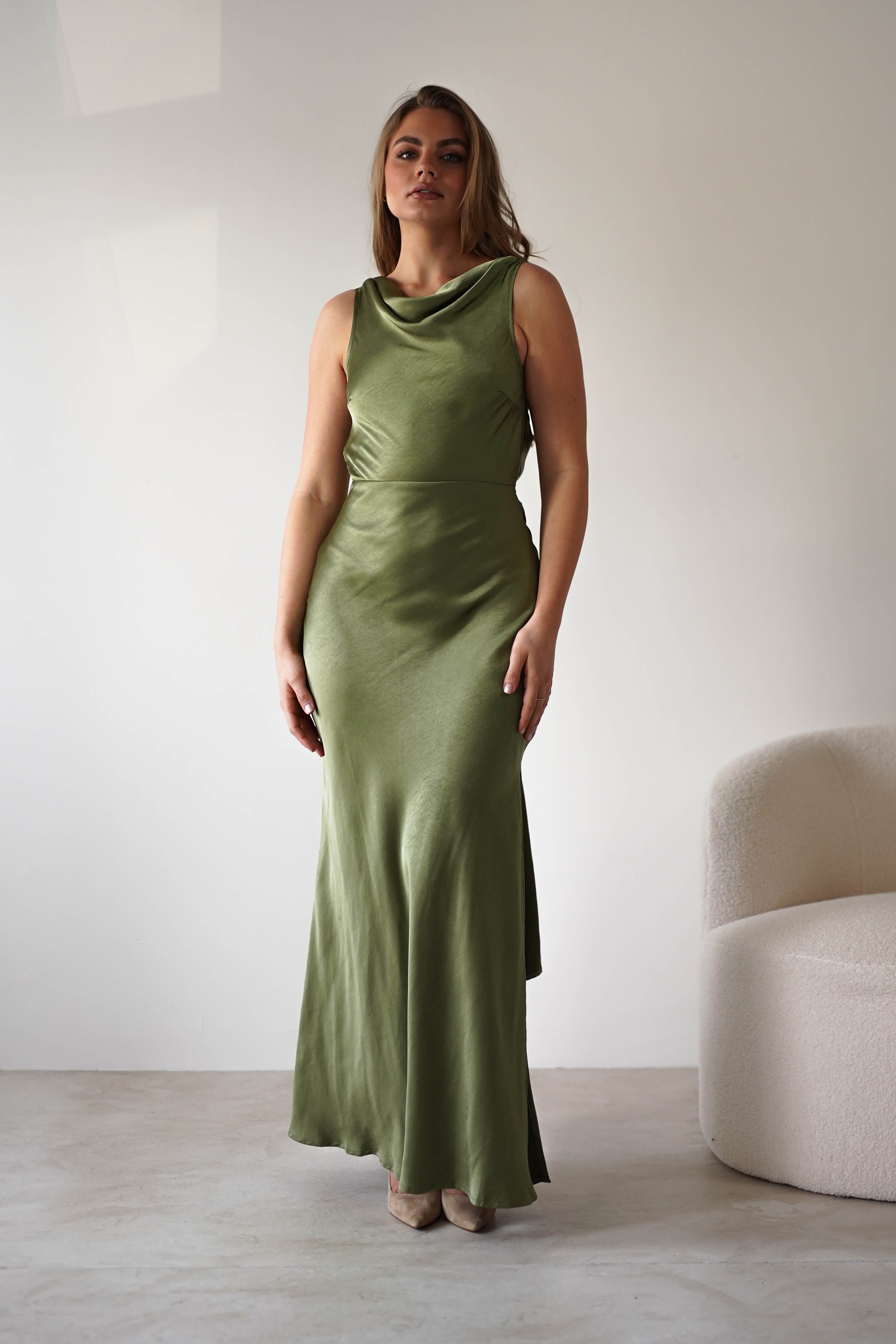 Darlee Tie Back Satin Maxi Dress Olive | Wedding Guest Dress | Maxi | Satin | Oh Hello Clothing
