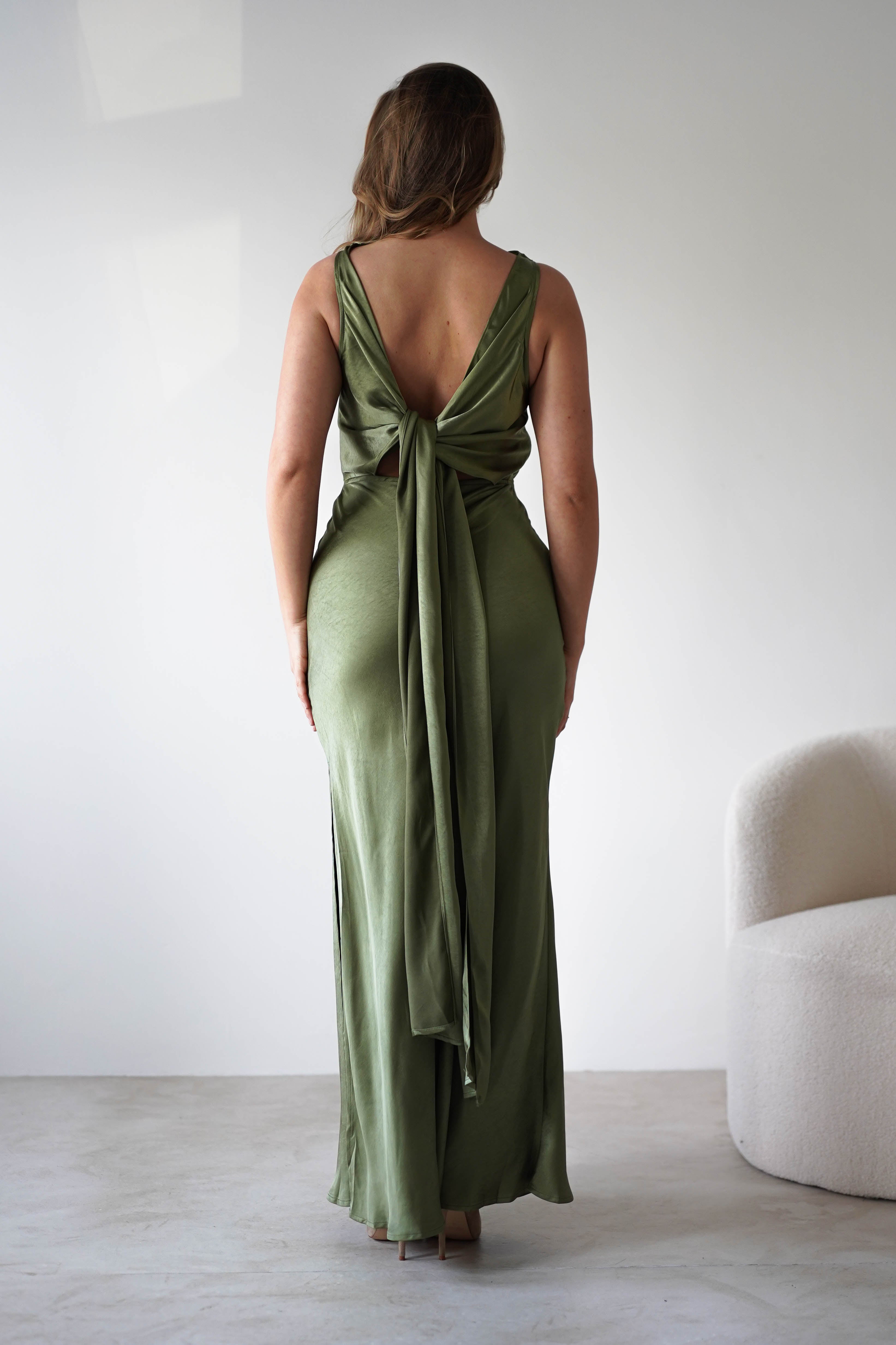 Darlee Tie Back Satin Maxi Dress Olive | Wedding Guest Dress | Maxi | Satin | Oh Hello Clothing