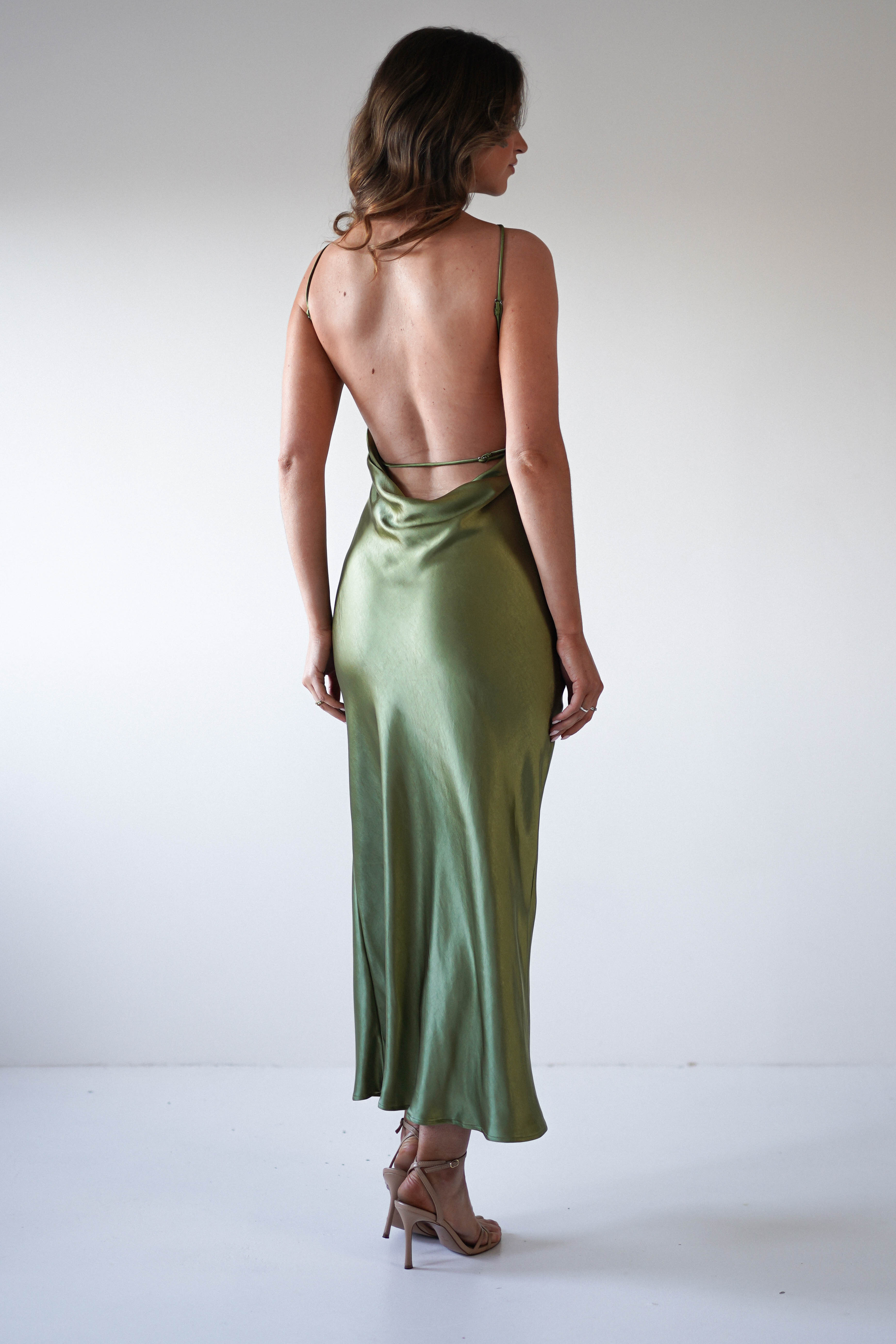 Bayleigh Soft Satin Maxi Dress Olive | Wedding Guest Dress | Maxi | Satin | Oh Hello Clothing