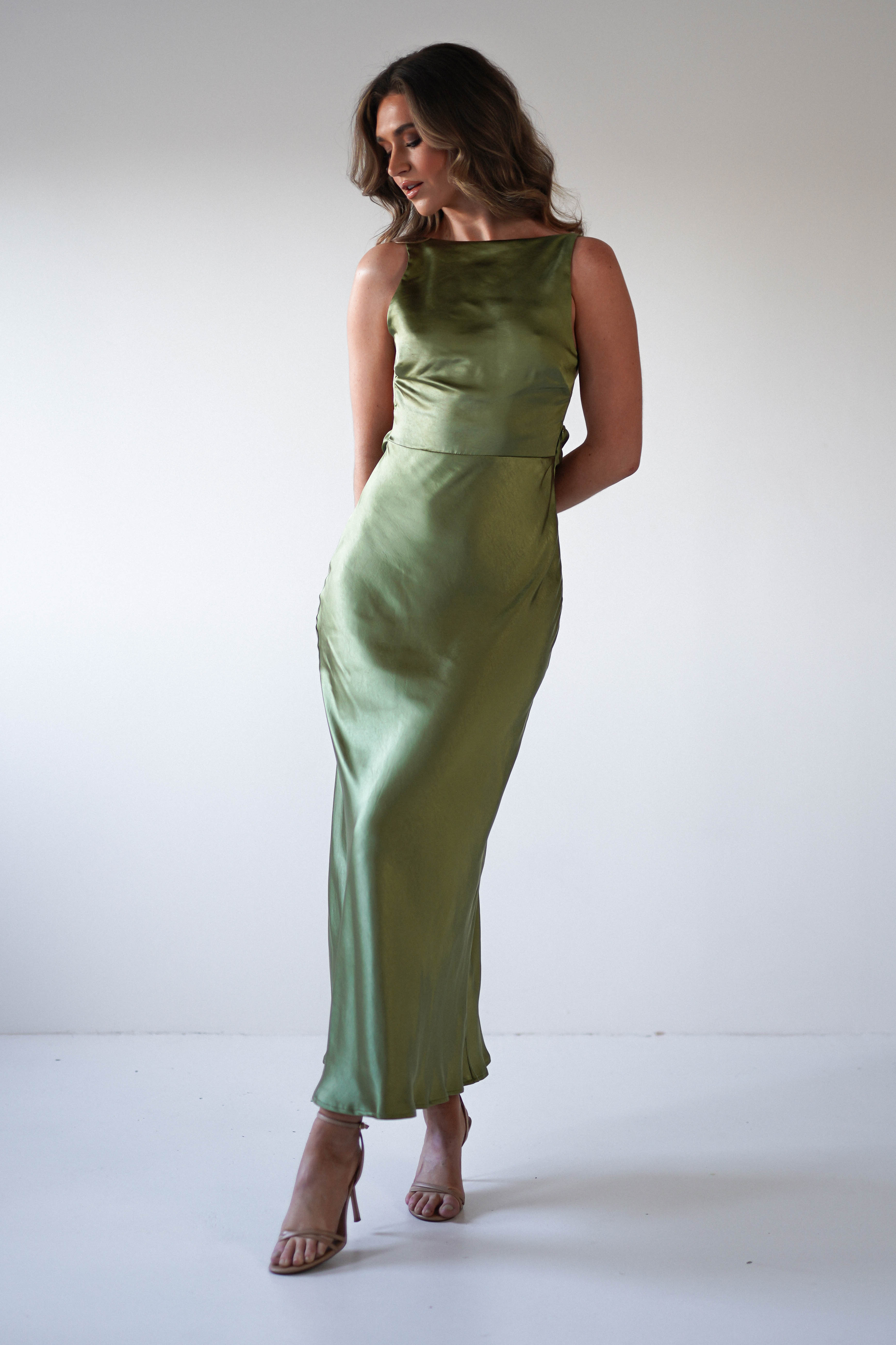 Bayleigh Soft Satin Maxi Dress Olive | Wedding Guest Dress | Maxi | Satin | Oh Hello Clothing