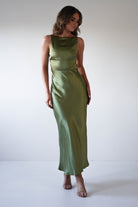 Bayleigh Soft Satin Maxi Dress Olive | Wedding Guest Dress | Maxi | Satin | Oh Hello Clothing