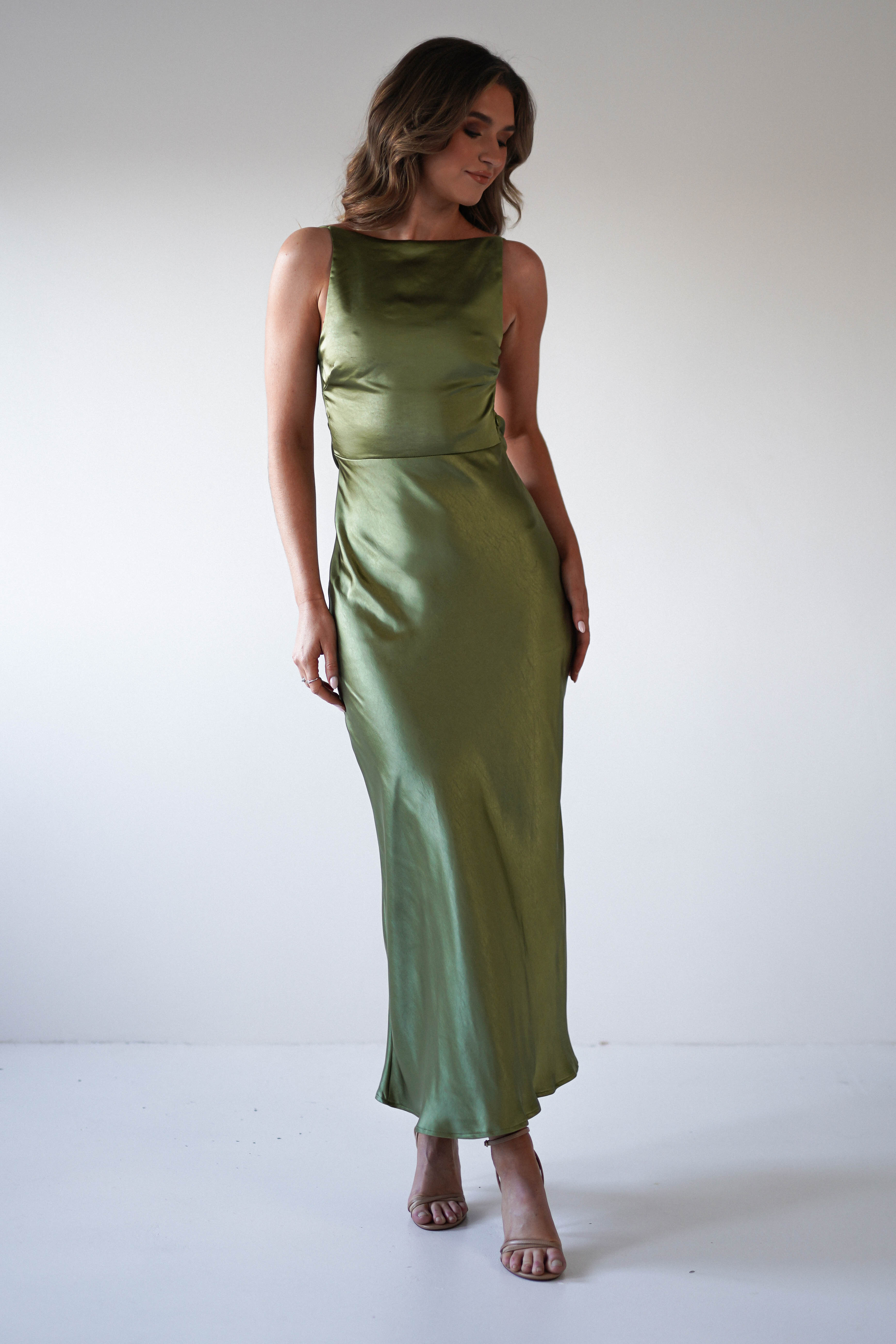 Bayleigh Soft Satin Maxi Dress Olive | Wedding Guest Dress | Maxi | Satin | Oh Hello Clothing