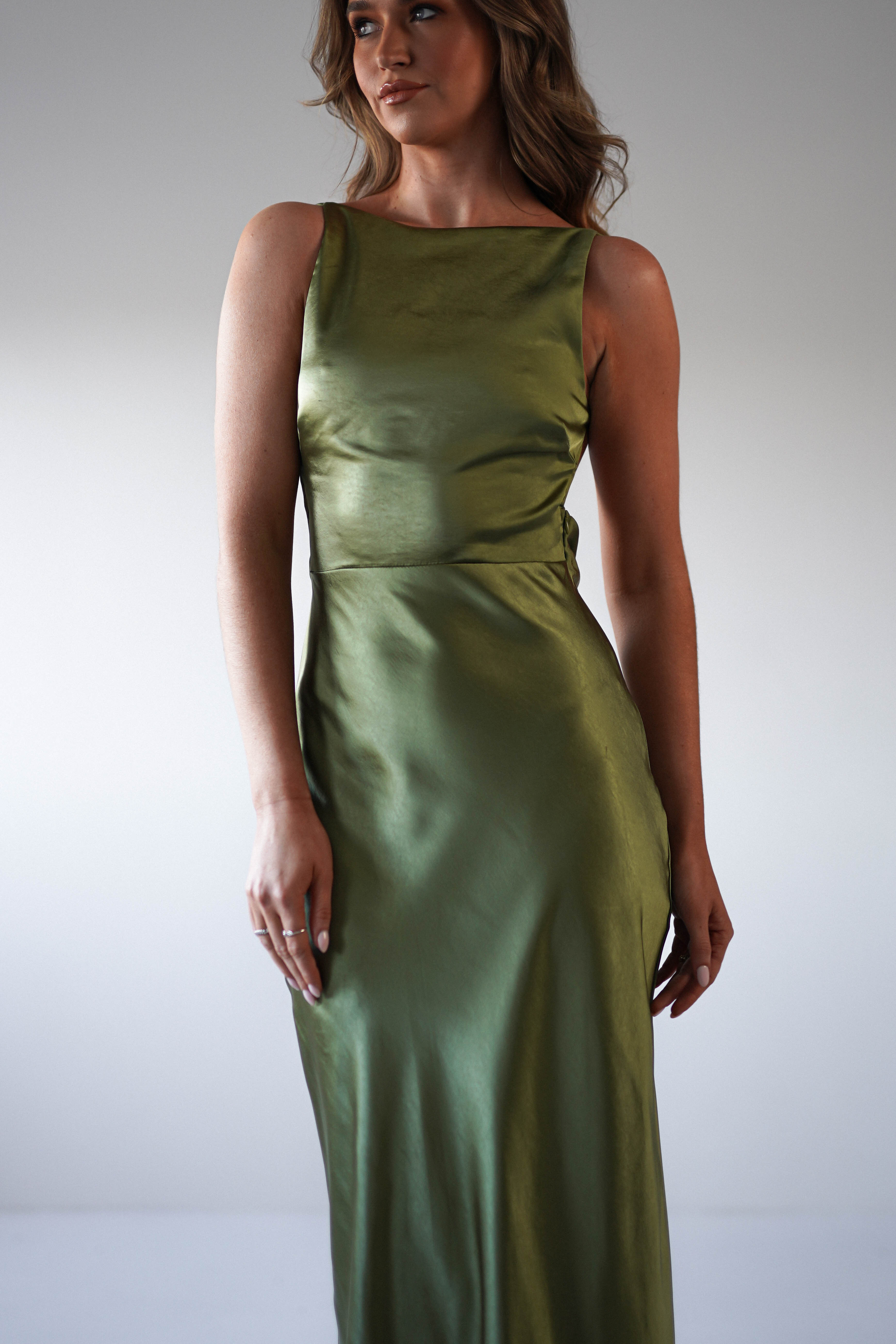 Bayleigh Soft Satin Maxi Dress Olive | Wedding Guest Dress | Maxi | Satin | Oh Hello Clothing