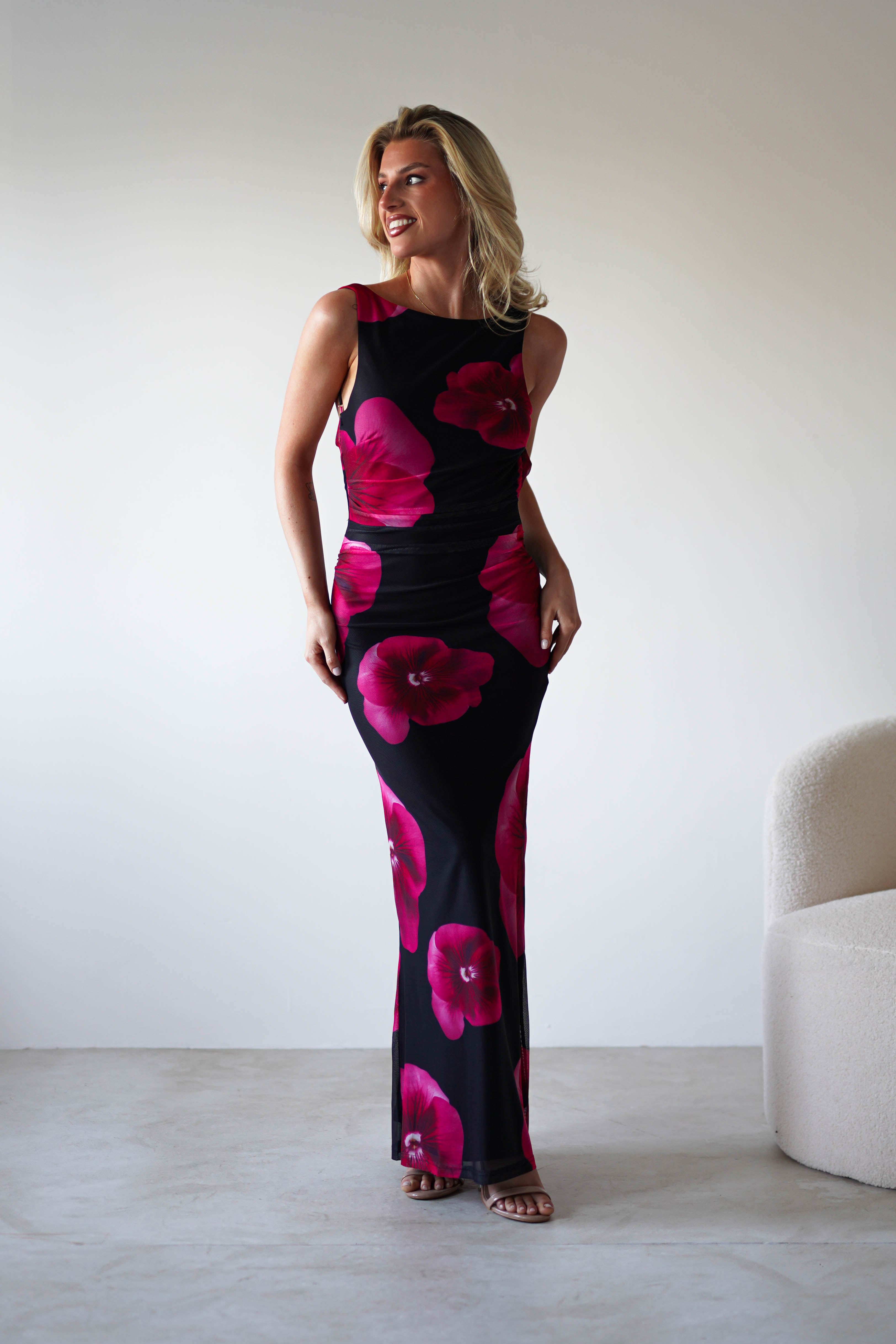 Nakita Mesh Floral Print Maxi Dress Black | Wedding Guest Dress | Maxi | Mesh | Oh Hello Clothing
