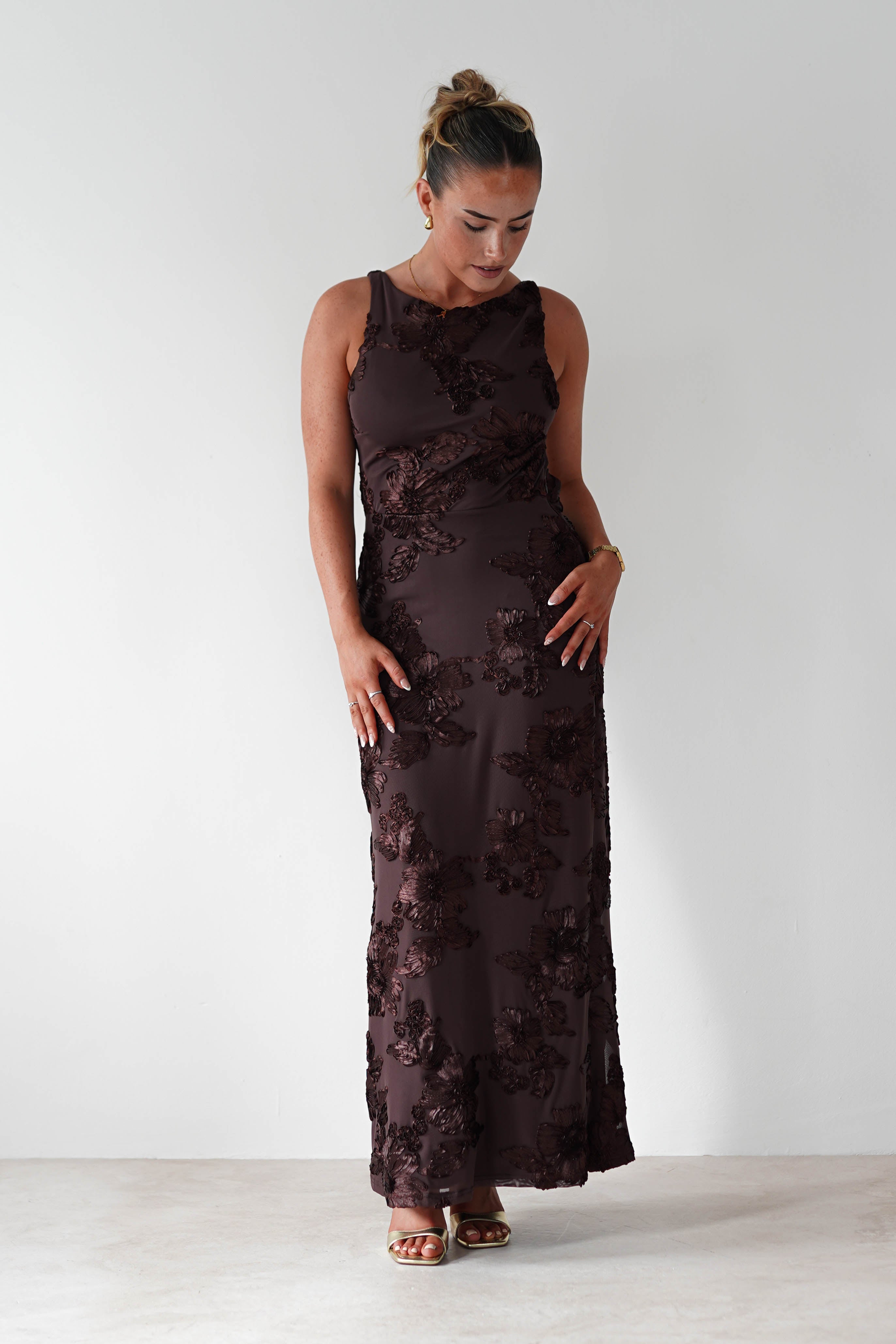 Demi Floral Textured Maxi Dress Brown | Wedding Guest Dress | Maxi | Oh Hello Clothing