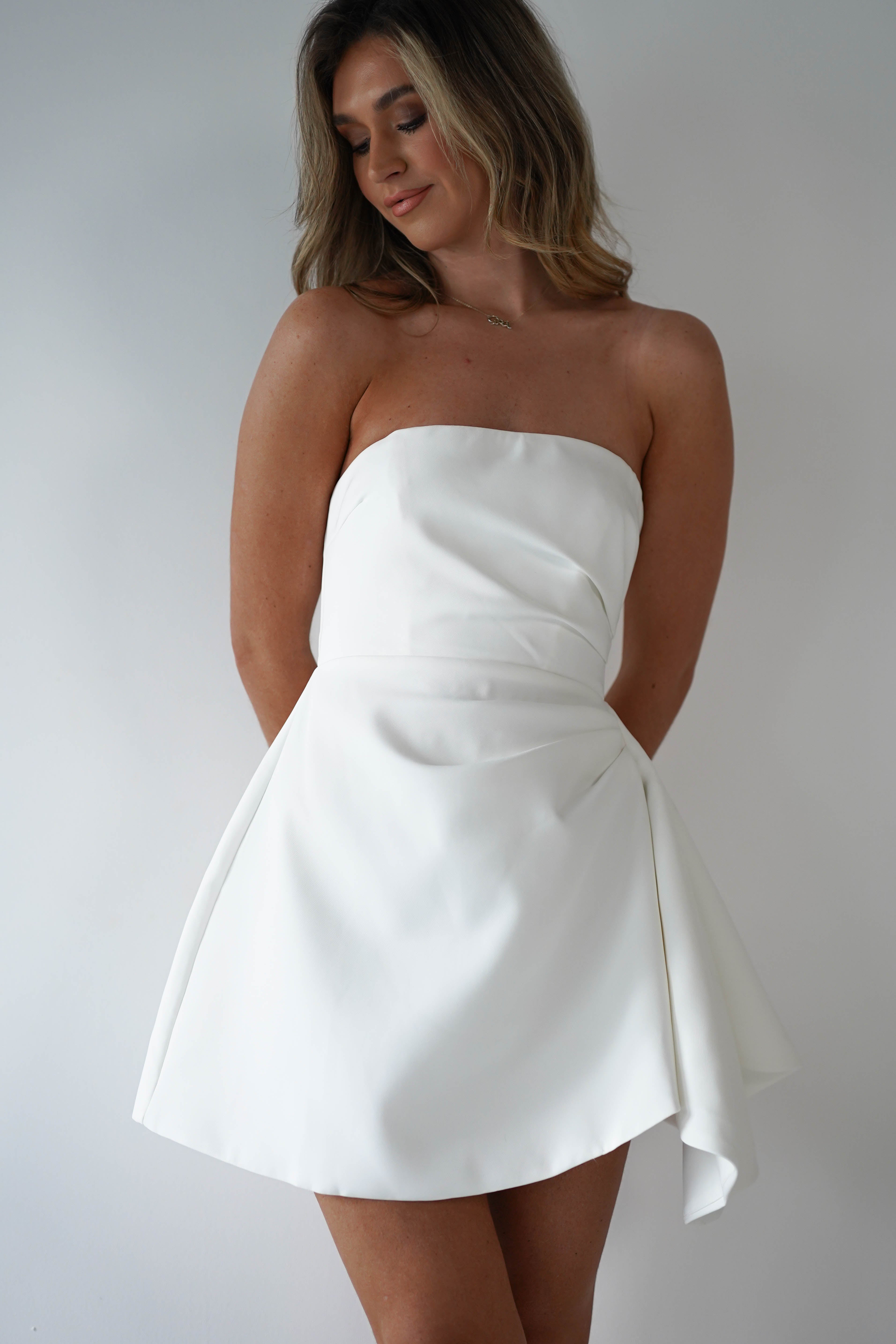Quinta Strapless Mini Dress | White | Graduation | Bride To Be Hen Dress | Oh Hello Clothing