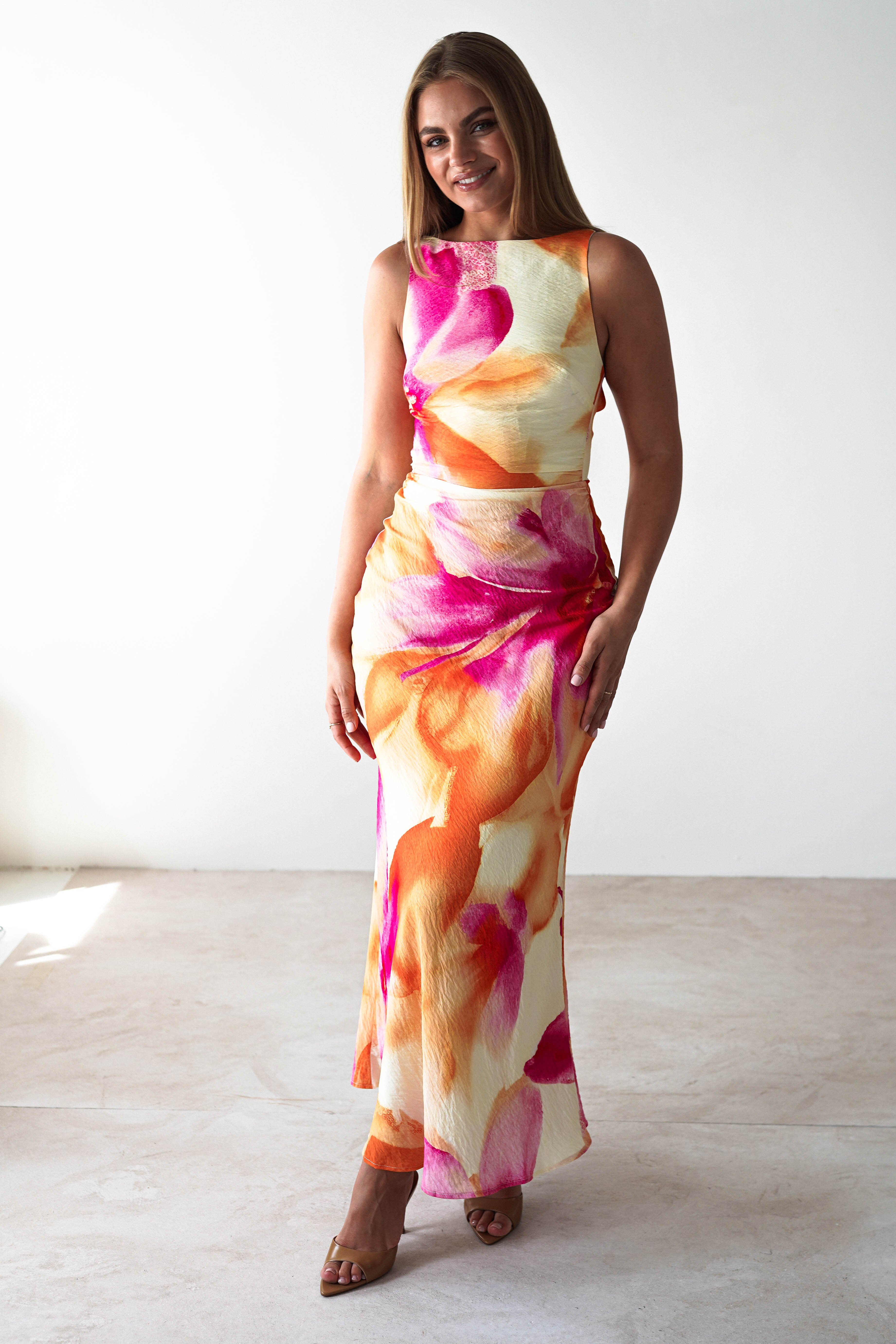 Ellarose Square Neck Maxi Dress Orange/Pink | Wedding Guest Dress | Square Neck | Maxi | Oh Hello Clothing