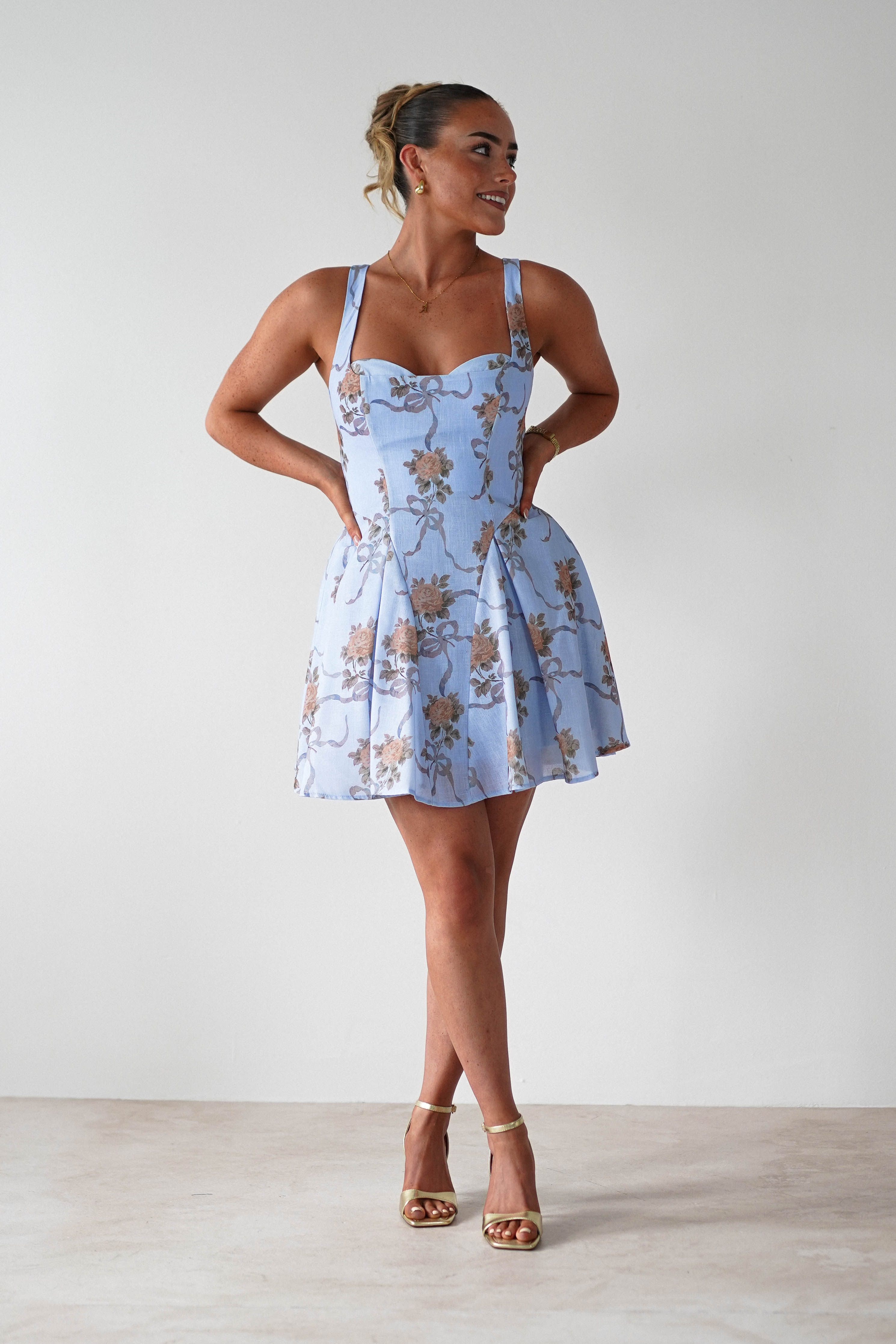 Mariel Floral Print Mini Skater Dress Blue | Wedding Guest Dress | Skater | Oh Hello Clothing