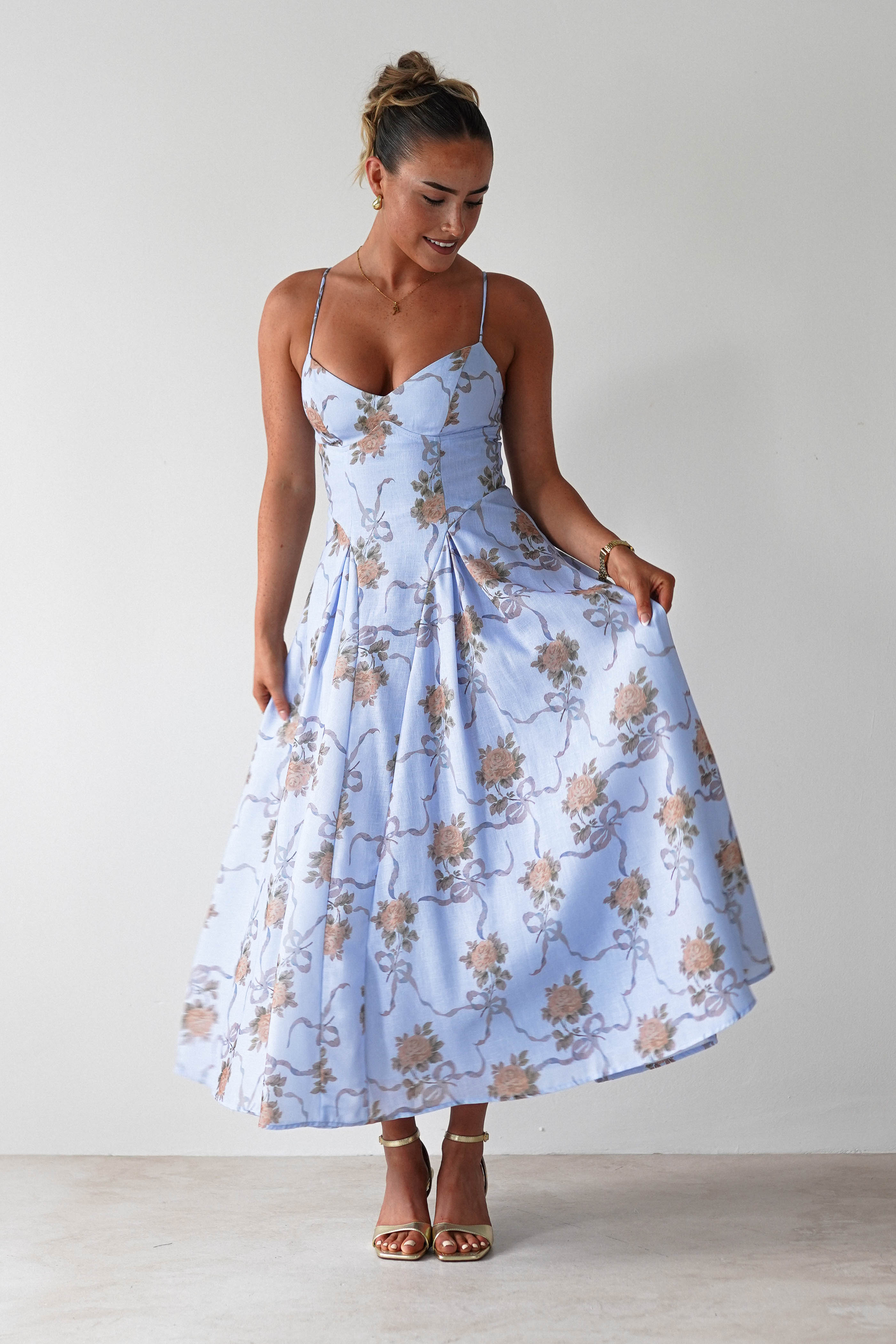 Tessa Floral Print Skater Midaxi Dress Blue | Wedding Guest Dress | Skater | Oh Hello Clothing