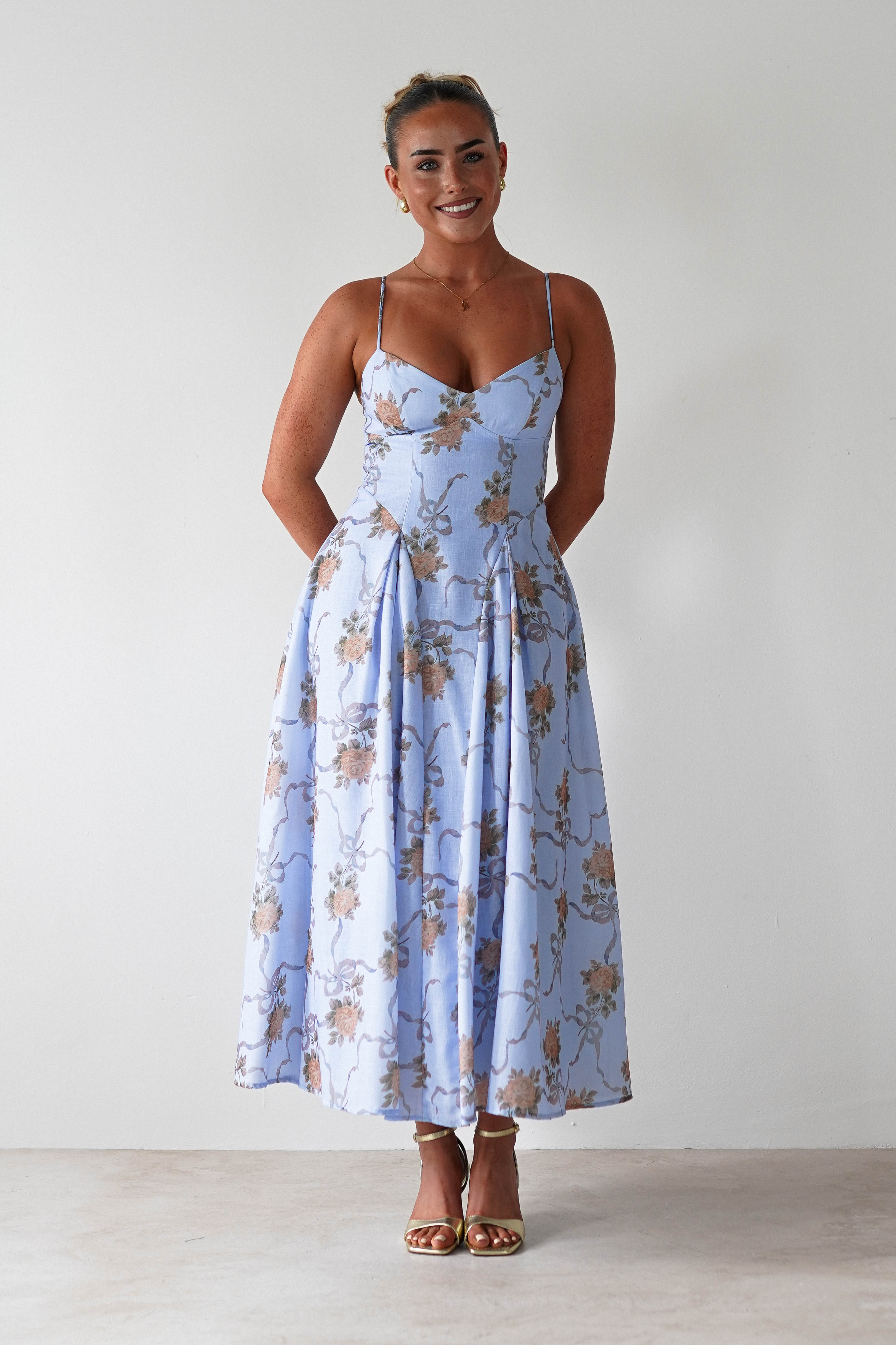 Tessa Floral Print Skater Midaxi Dress Blue | Wedding Guest Dress | Skater | Oh Hello Clothing