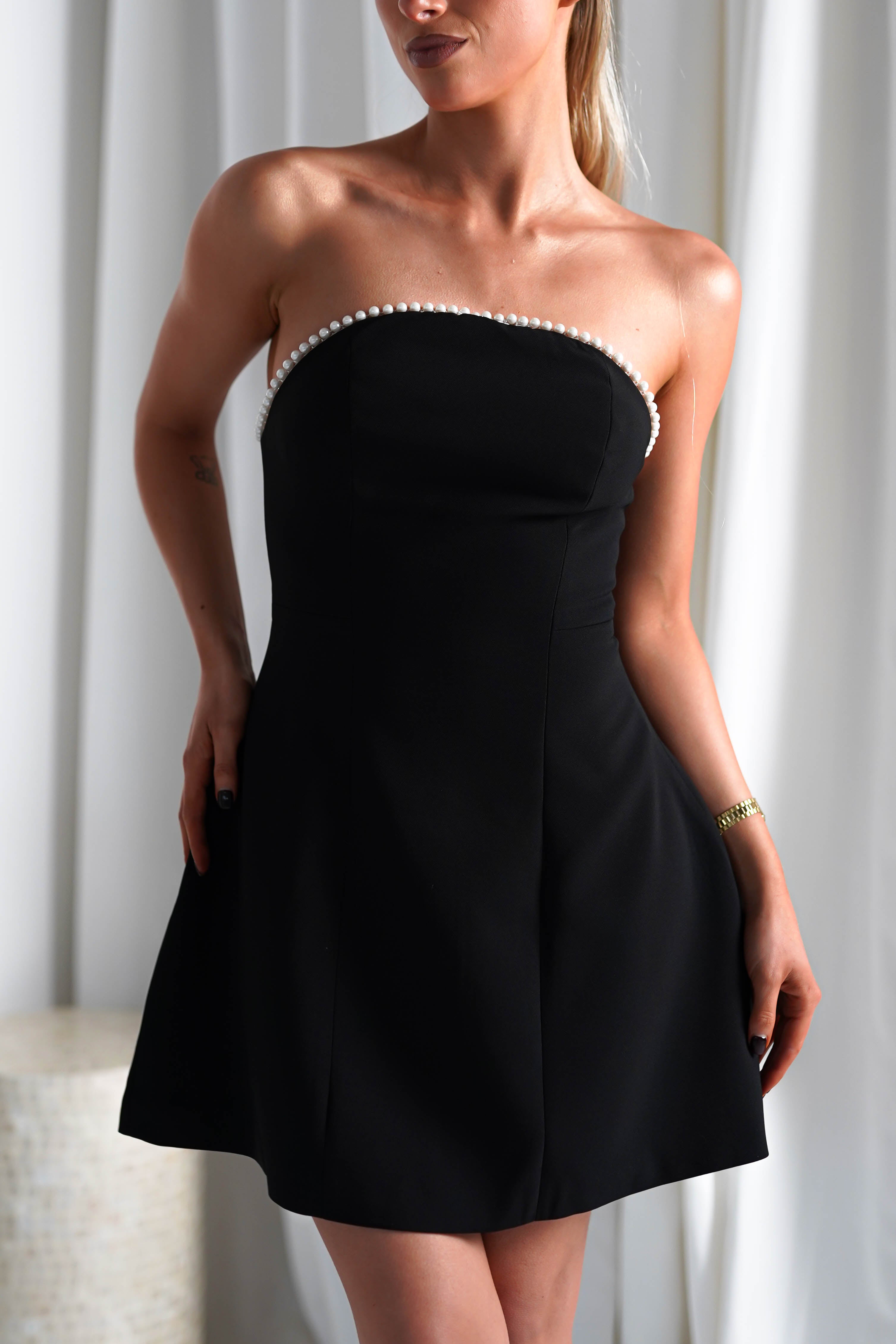 Bettie Pearl Trim Detail Mini Dress Black | Wedding Guest Dress | Oh Hello Clothing