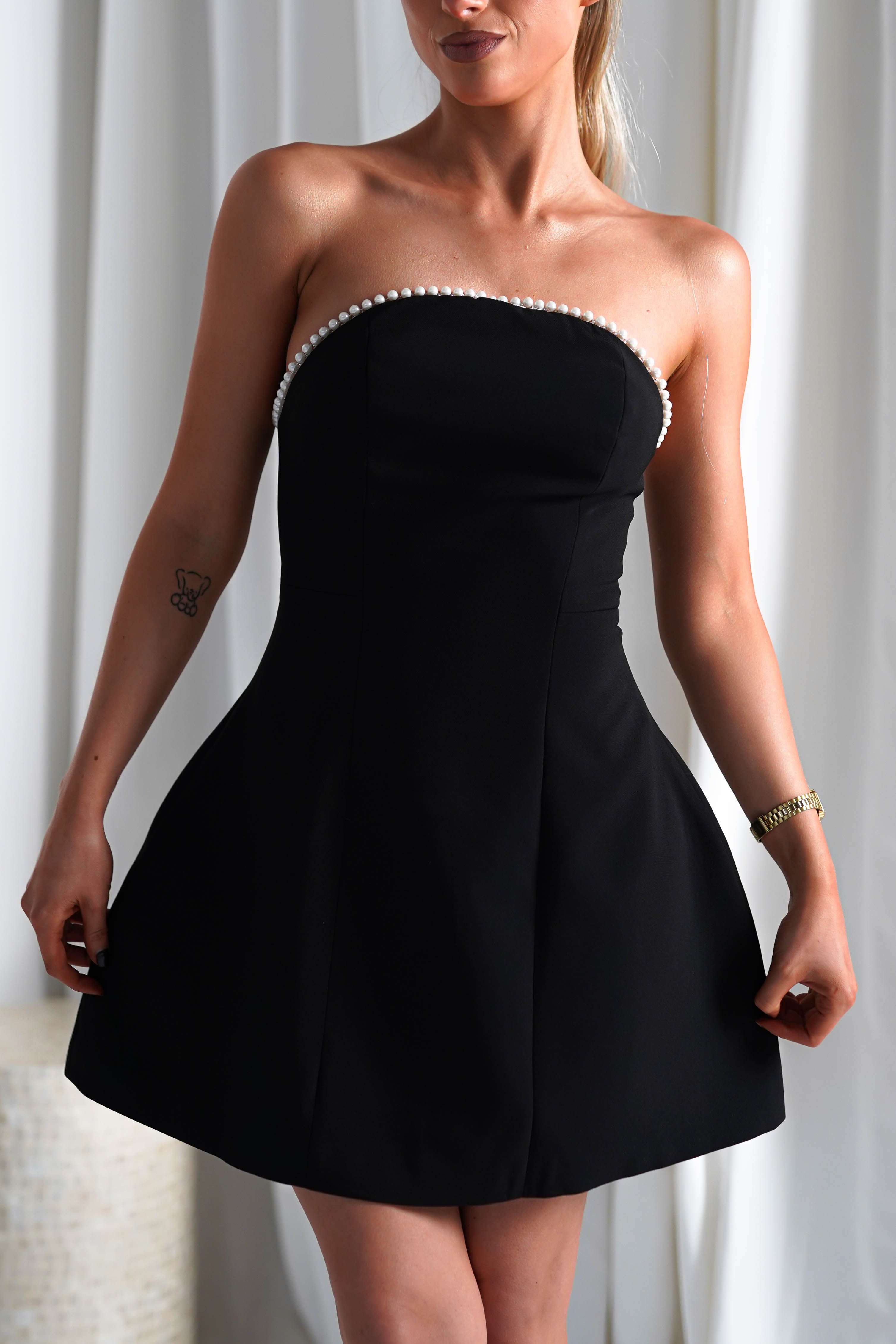 Bettie Pearl Trim Detail Mini Dress Black | Wedding Guest Dress | Oh Hello Clothing