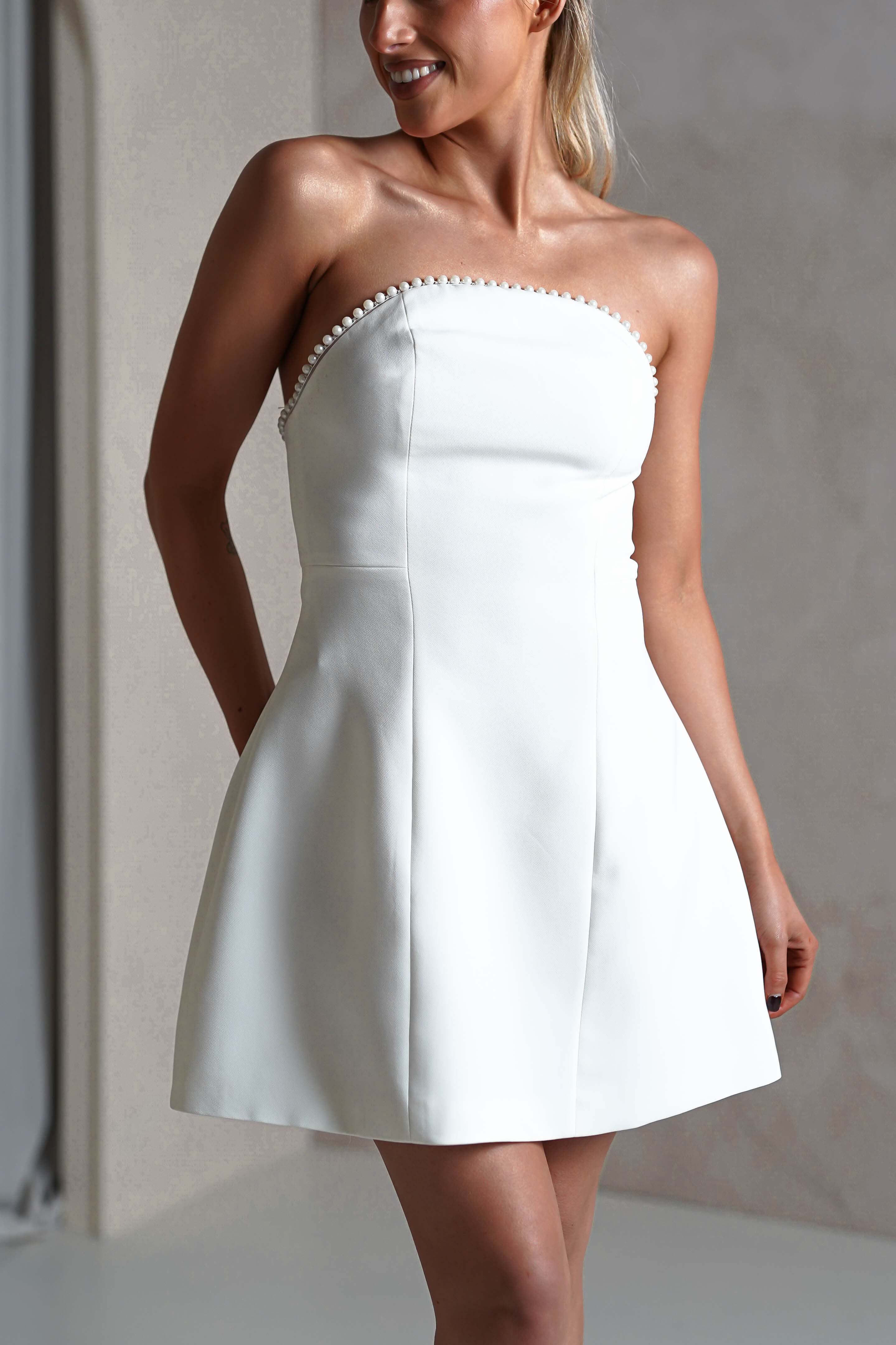 Bettie Pearl Trim Detail Mini Dress | White | Graduation | Bride To Be Hen Dress | Oh Hello Clothing