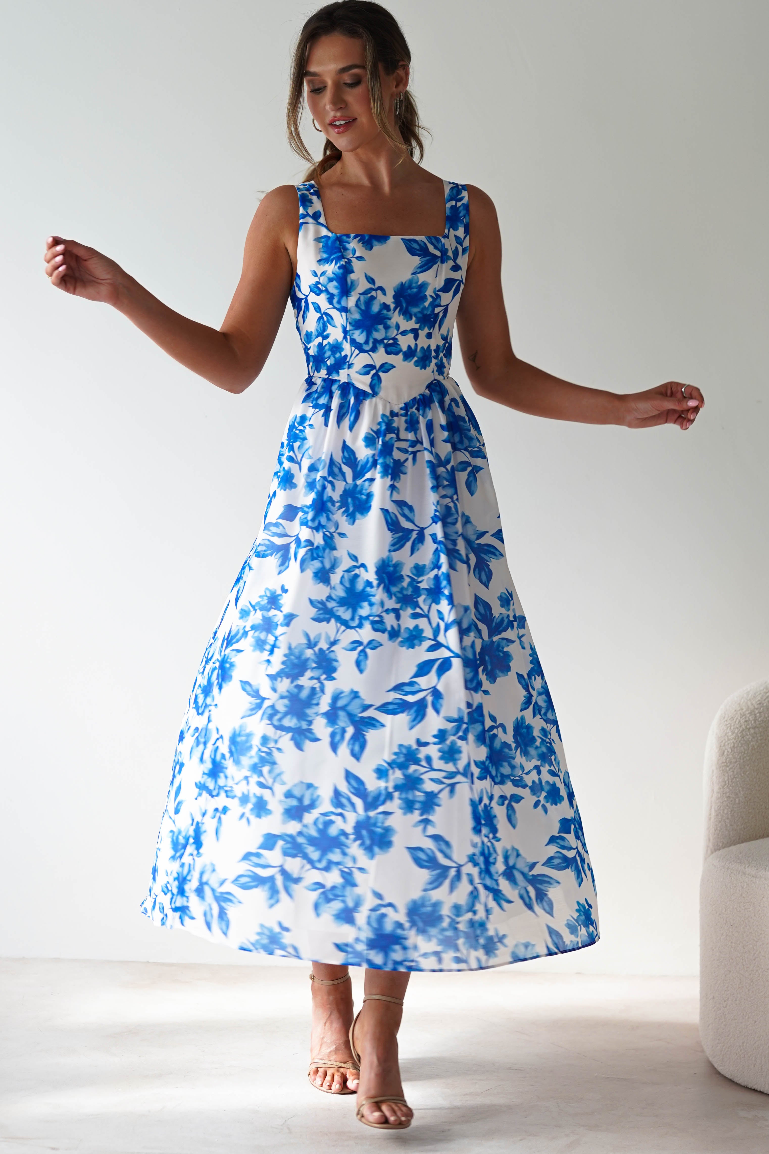 Maisie Floral Skater Maxi Dress Blue | Wedding Guest Dress | Maxi | Skater | Oh Hello Clothing