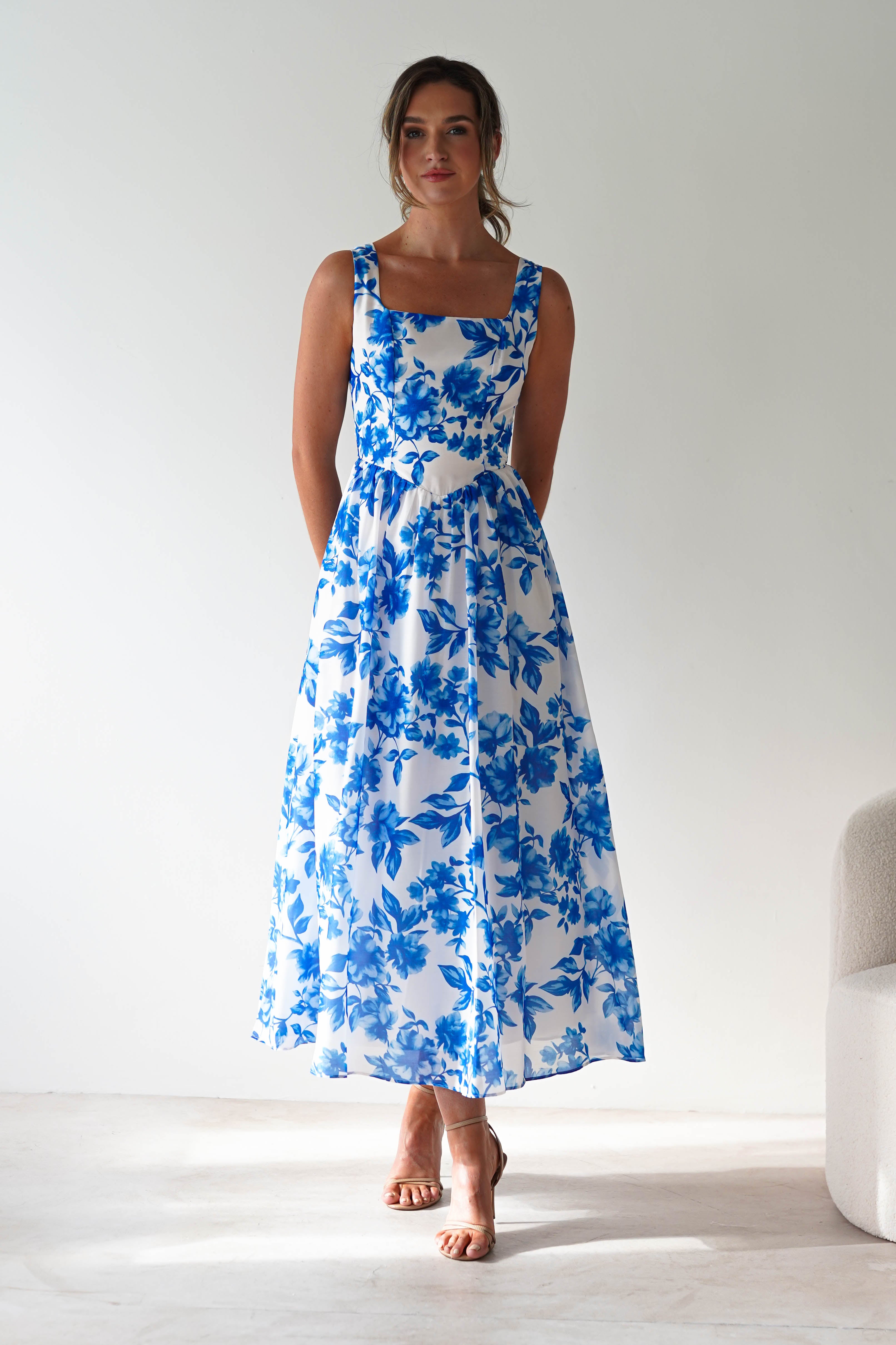 Maisie Floral Skater Maxi Dress Blue | Wedding Guest Dress | Maxi | Skater | Oh Hello Clothing