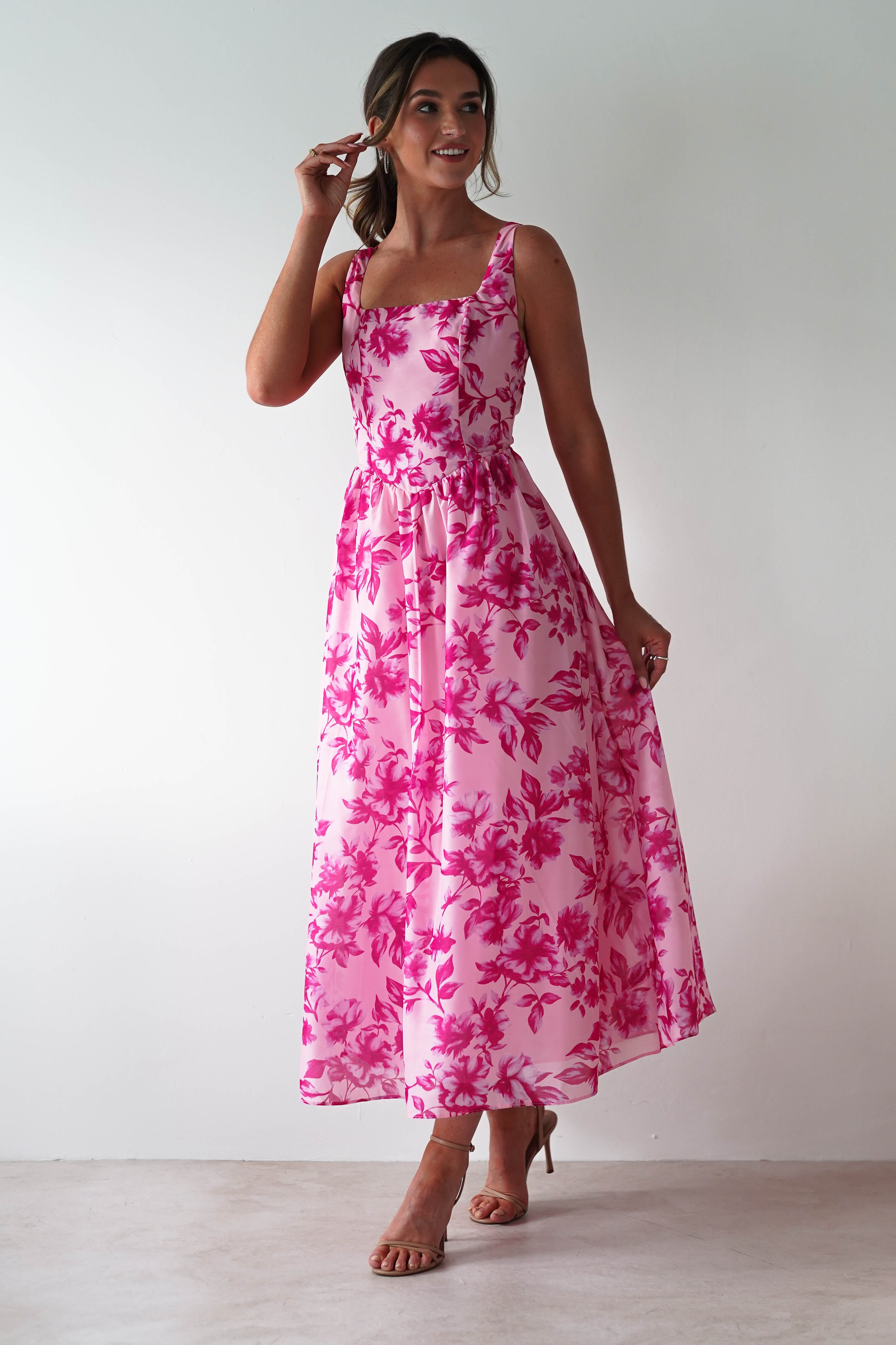 Maisie Floral Skater Maxi Dress Pink | Wedding Guest Dress | Maxi | Skater | Oh Hello Clothing