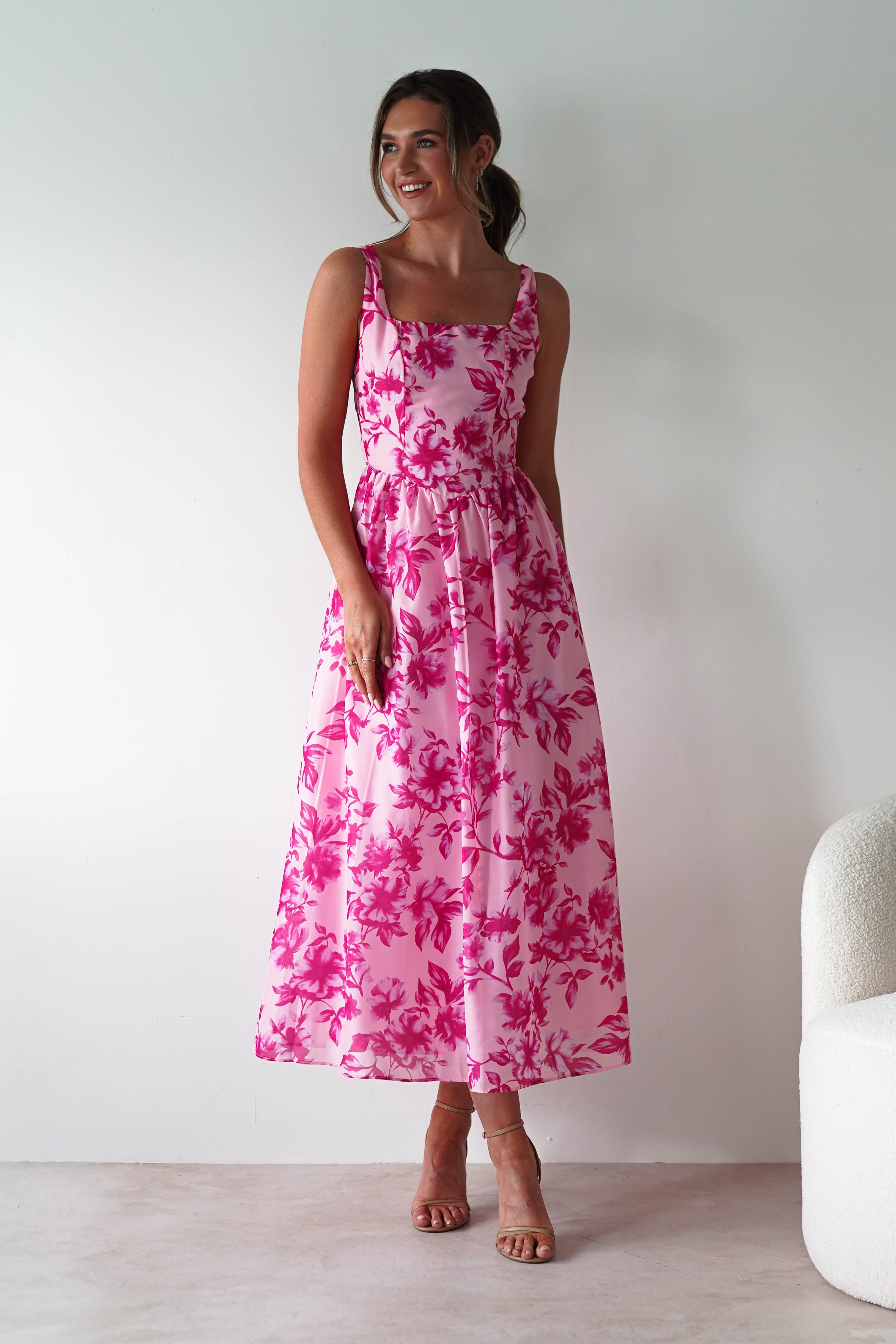 Maisie Floral Skater Maxi Dress Pink | Wedding Guest Dress | Maxi | Skater | Oh Hello Clothing