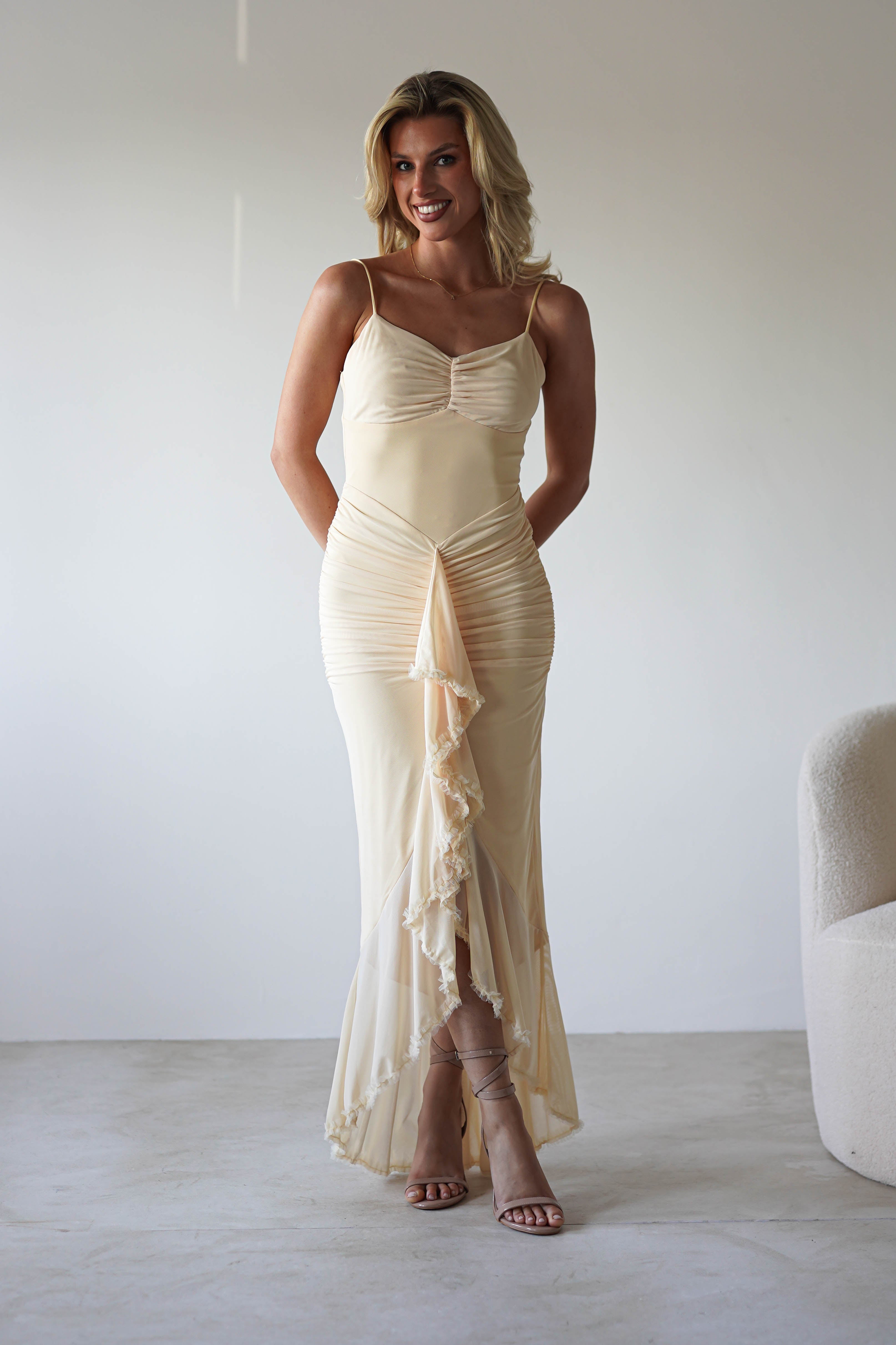 Liliana Light Yellow Mesh Ruched Midaxi Dress | Oh Hello Clothing