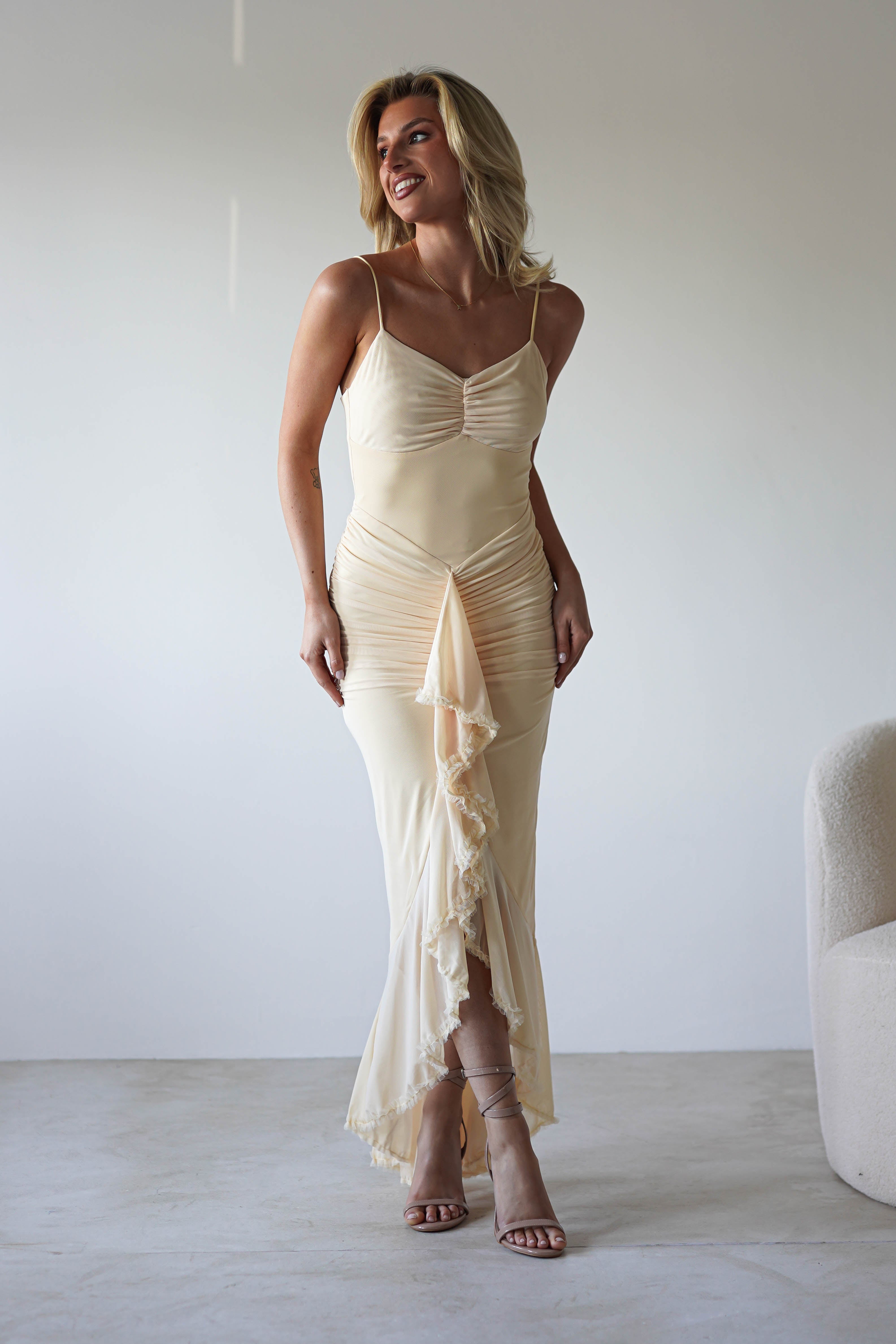 Liliana Light Yellow Mesh Ruched Midaxi Dress | Oh Hello Clothing